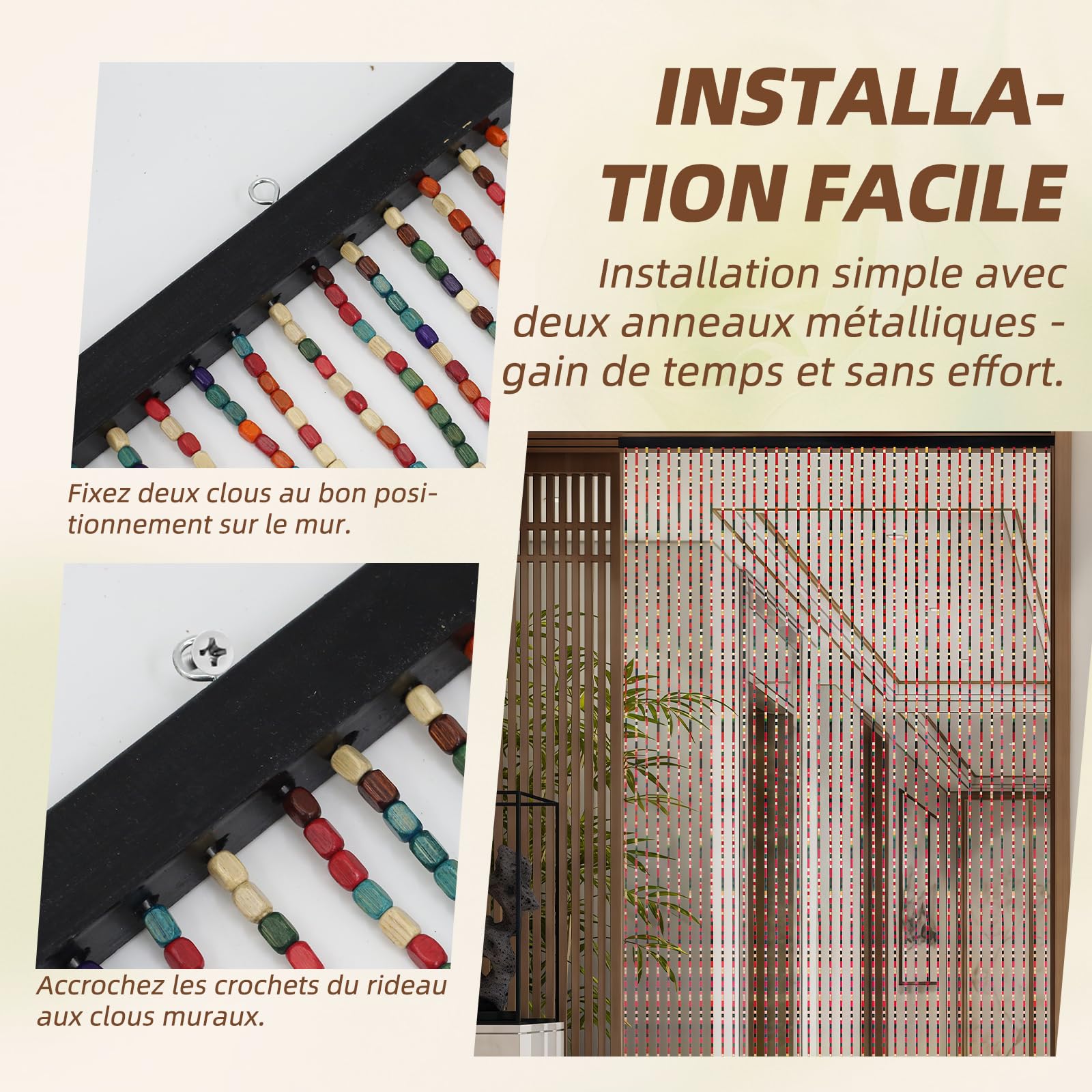 Rideau fait main pour portes de balcon et fenêtres - 52 fils de perles en bois - Style bohème - Couleur arc-en-ciel - Convient pour fenêtres, chambres, couloirs ou cloisons - 90 x 190 cm