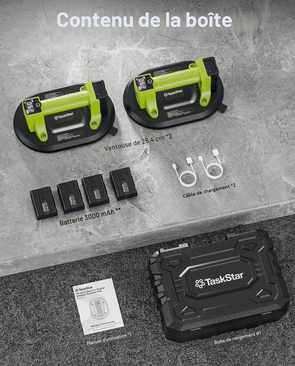 Taskstar Ventouse Carrelage Électrique: Ventouse Vitre sans Fil 25cm avec Capacité de Charge Verticale de 250 kg, Affichage LCD, 4X Batteries 3000mAh,Ventouse Pare Brise pour Verre, Carrelage, Granit