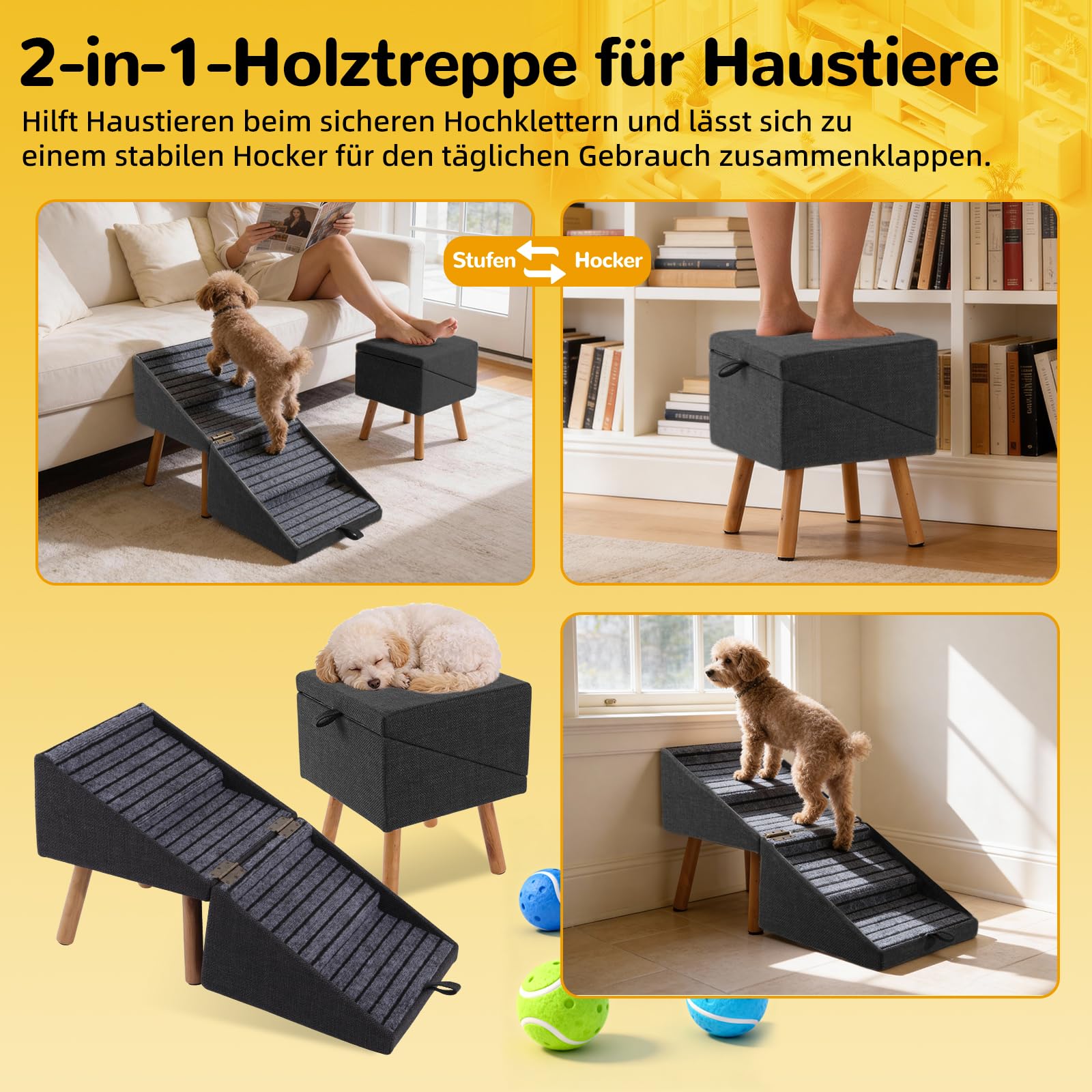 Scala per cani di piccola taglia, scala a pioli 2 in 1 e pouf – Scala pieghevole per cani per il divano, scala in legno antiscivolo per cuccioli, cani anziani e feriti (nero)