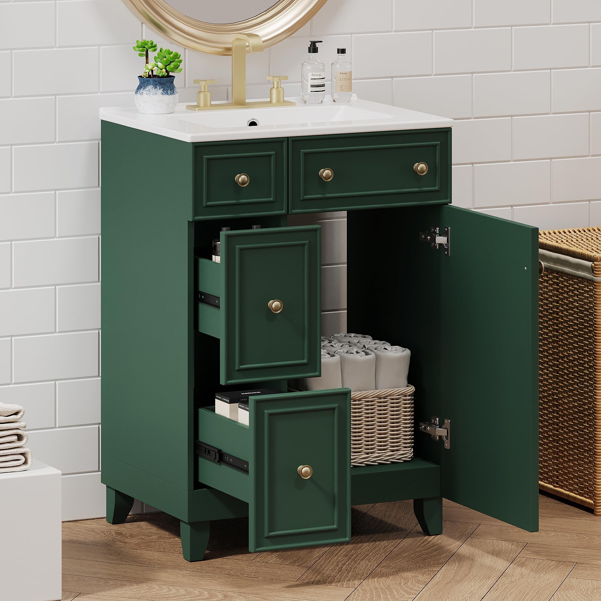 24" Bathroom Vanity with Sink, Free Standing Single Basin Vanity Set with Two Drawers and One Door, Solid Wood Bathroom Cabinet with Ceramic Basin for Bathroom, Frosty Green