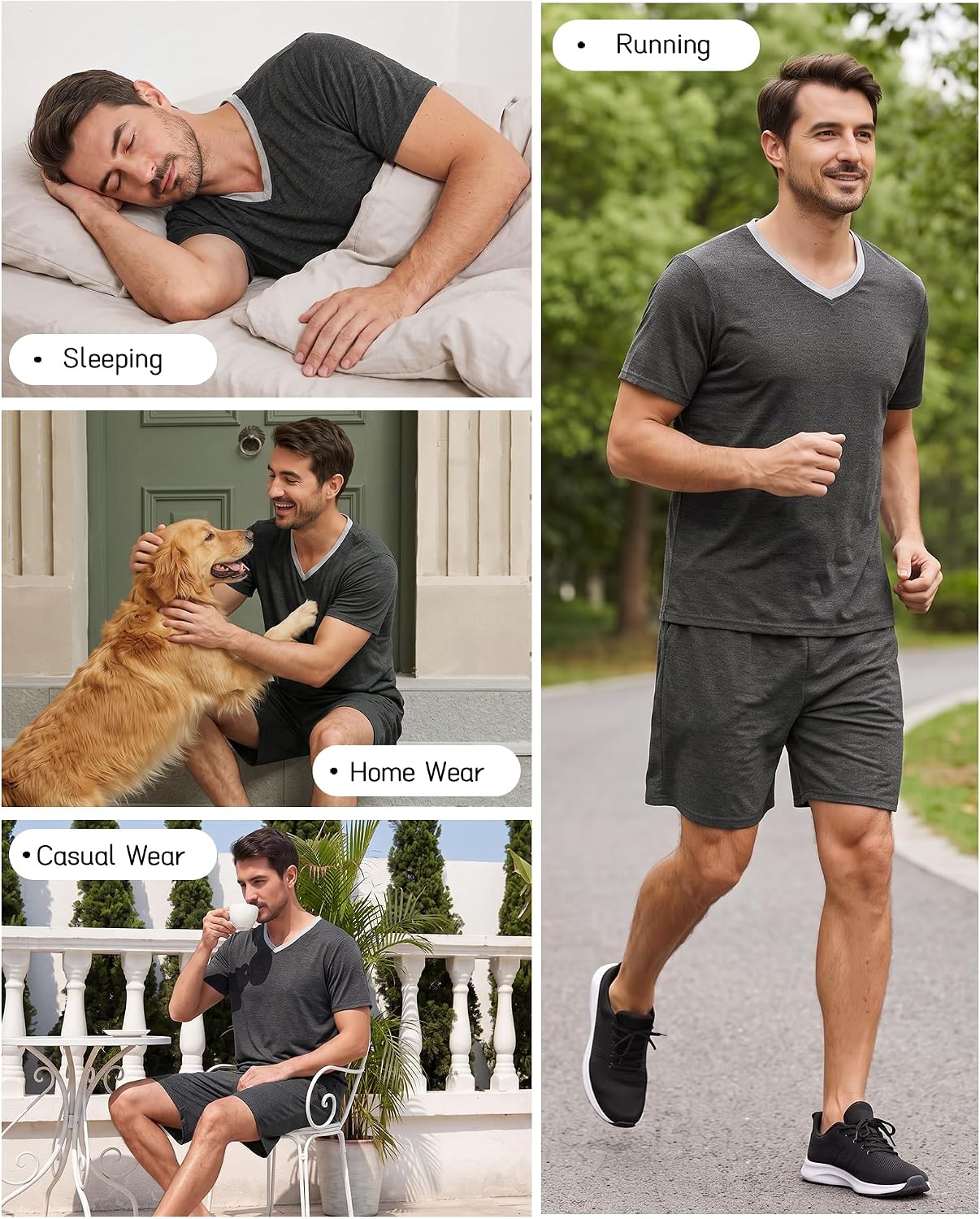 MyFav Mens Pajama Set Soft V Neck PjsShort Sleeves Shirts and Shorts Loungewear Solid Color Sleep Sets