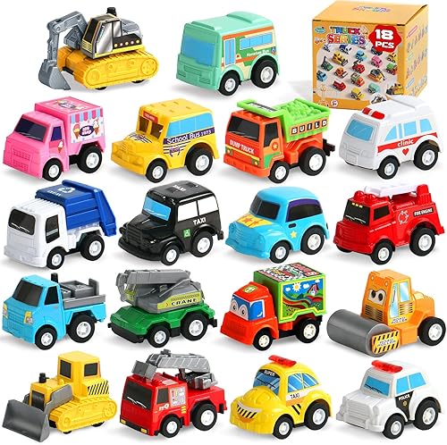 Fajiabao 18 autos de juguete para niños pequeños, mini autos de tracción hacia atrás, camiones, recuerdos de fiesta para niños de 3 a 5 premios en