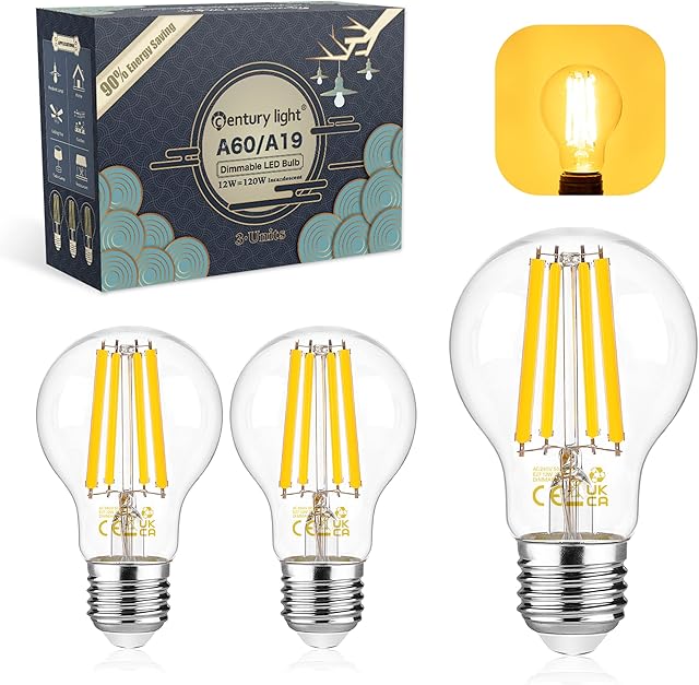 Century Light E27 Screw Bulb Led Dimmable Warm White 2700K 12 Watt Replaces 120W Incandescent Lightbulb, 1550lm Filament Clear Glass Classic A Energy Saving Bulbs for Lamp, CRI 80+, Pack of 3