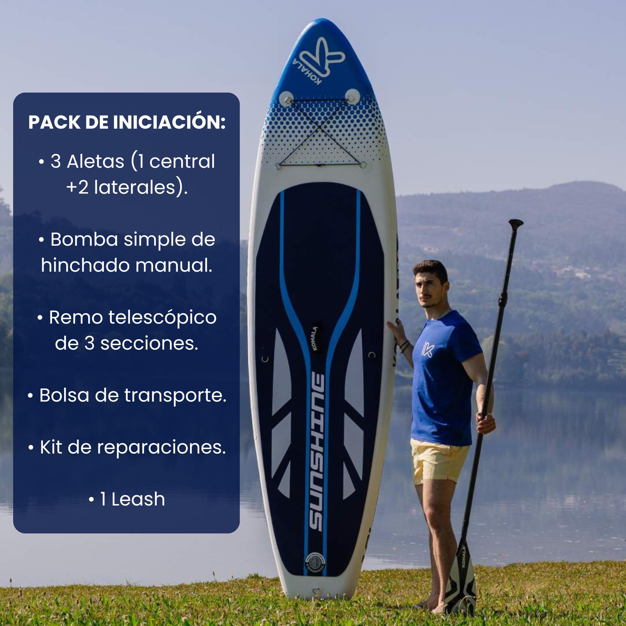 KOHALA Tabla Paddle Surf Hinchable Sunshine 10’ (305 x 81 x 12) cm | Pack Pro Completo con Remo, Bomba, Mochila, Leash y Aletas | Paddle Surf Fusion Ligera y Resistente