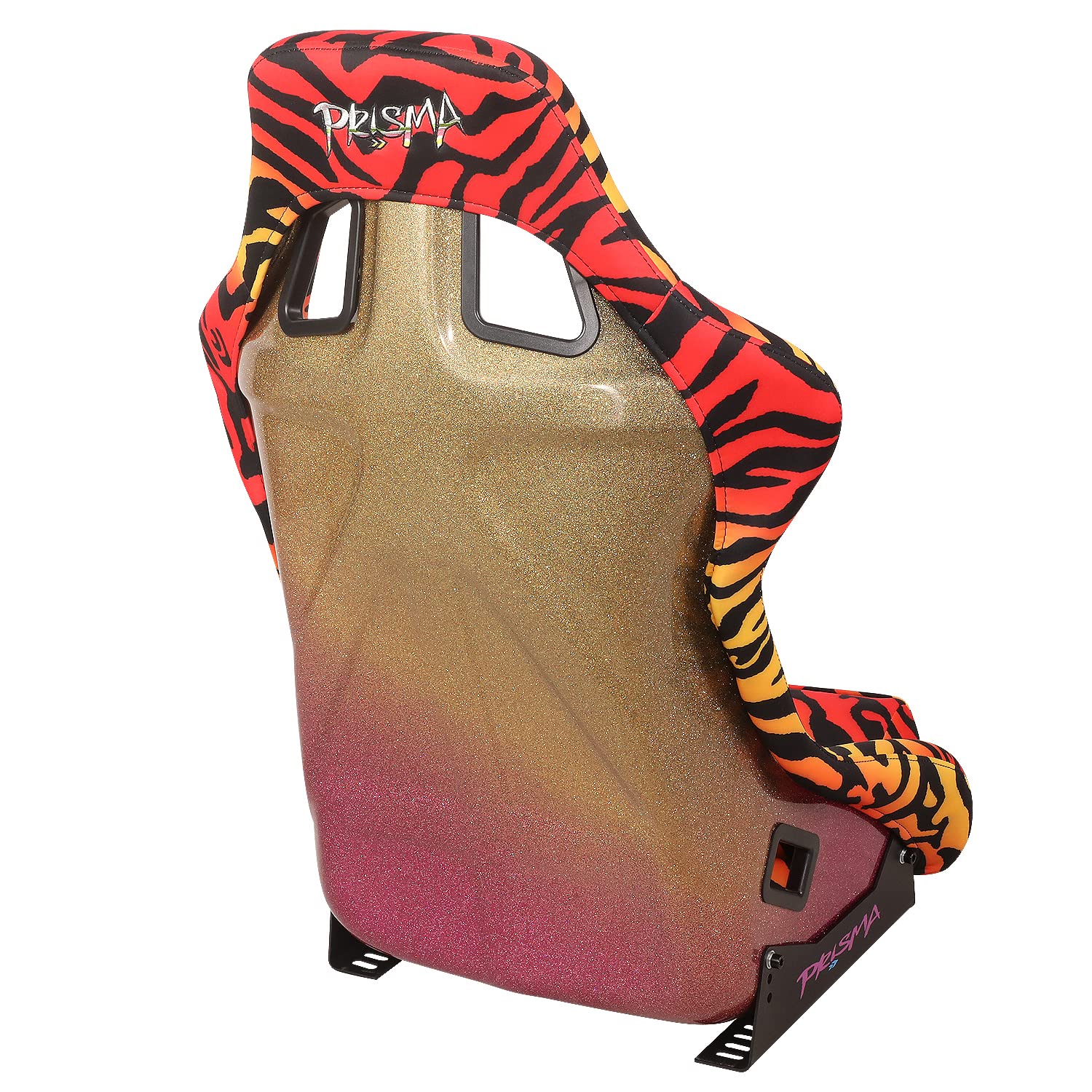 NRG Innovations NRG-FRP-302TIGRE-SAVAGE Prisma Siège baquet à dossier fixe avec montage en bas, tissu imprimé tigre jaune/orange/doré/rose ombré scintillant