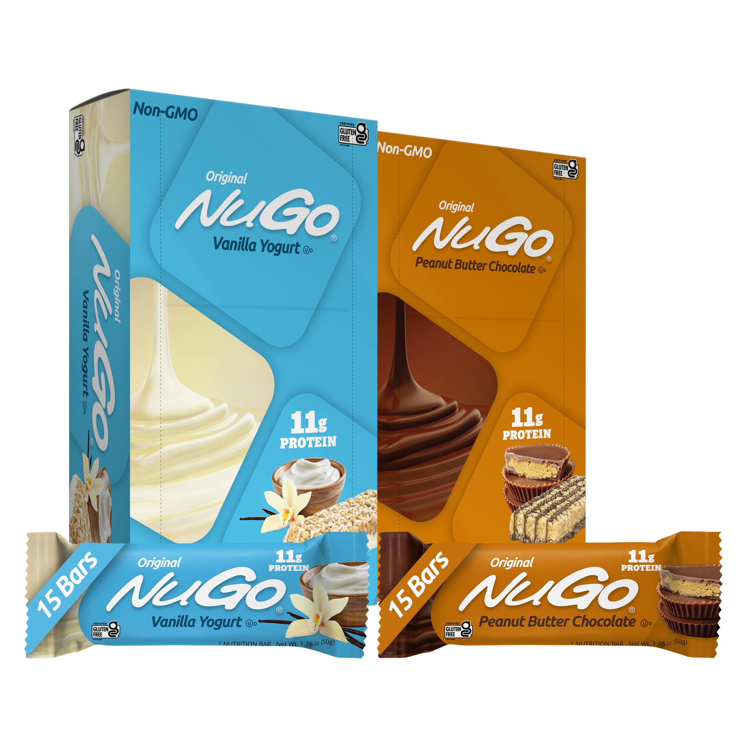 NuGo Original Variety, Vanilla Yogurt 15 bars & Peanut Butter 15 bars, 11g Protein, Gluten Free, 30 Count