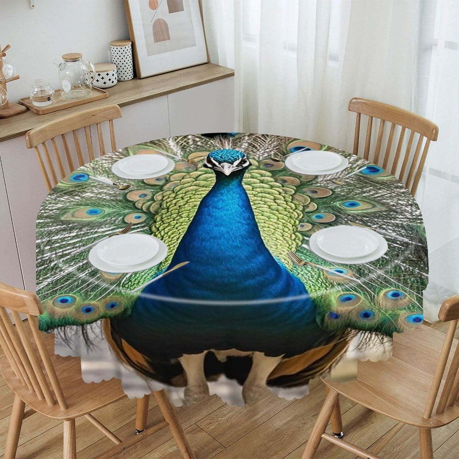 FekiLoot 60 Inch Round Peacock Pattern Tablecloth Waterproof Heavy Duty Polyester Table Cloth Spill-Proof Wipeable Table Cover Decorative Circle Dining Tablecover for Party Outdoor
