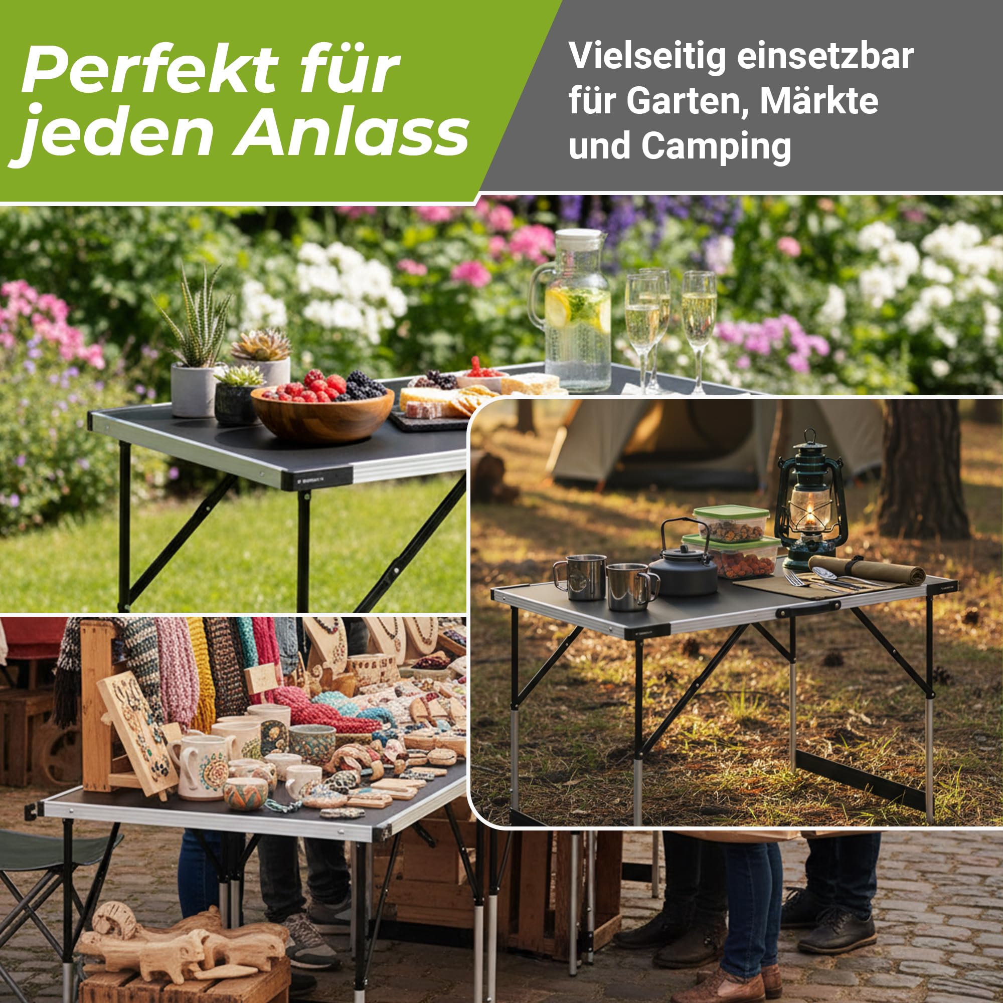 Mamba Tapeziertisch 3-teilig klappbar – Multifunktionstisch Set 100 x 60 cm, höhenverstellbar (75 – 94 cm), Alu-Rahmen, 90 kg Tragkraft, Power-Verstrebung – Flohmarkttisch Campingtisch Arbeitstisch