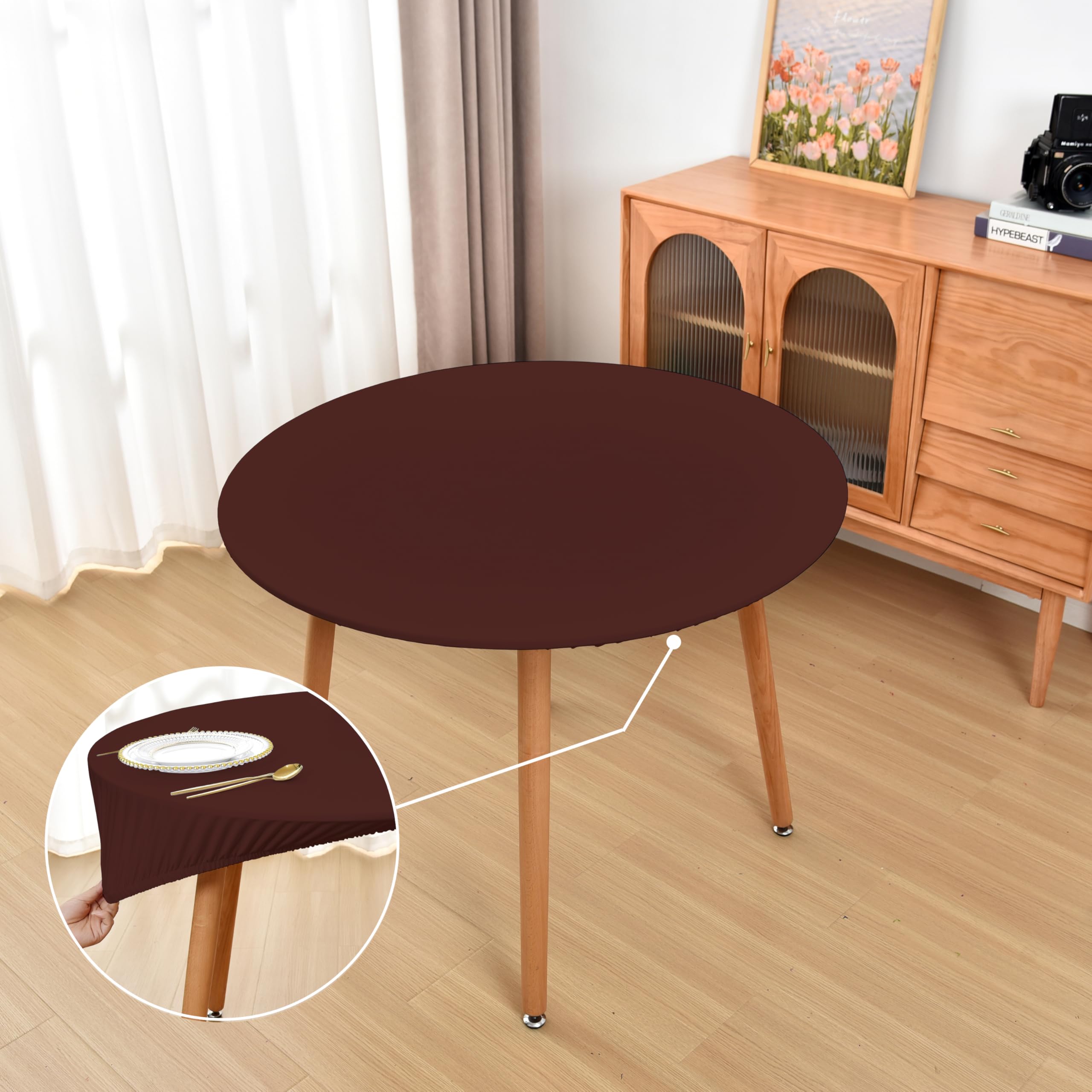 Amonsa Round Fitted Brown Tablecloth with Elastic for 60 inch Tables No Slip Cloth Table Covers Washable Stretchy Table Cloths for Kitchen Dining Outdoor Party — image 1