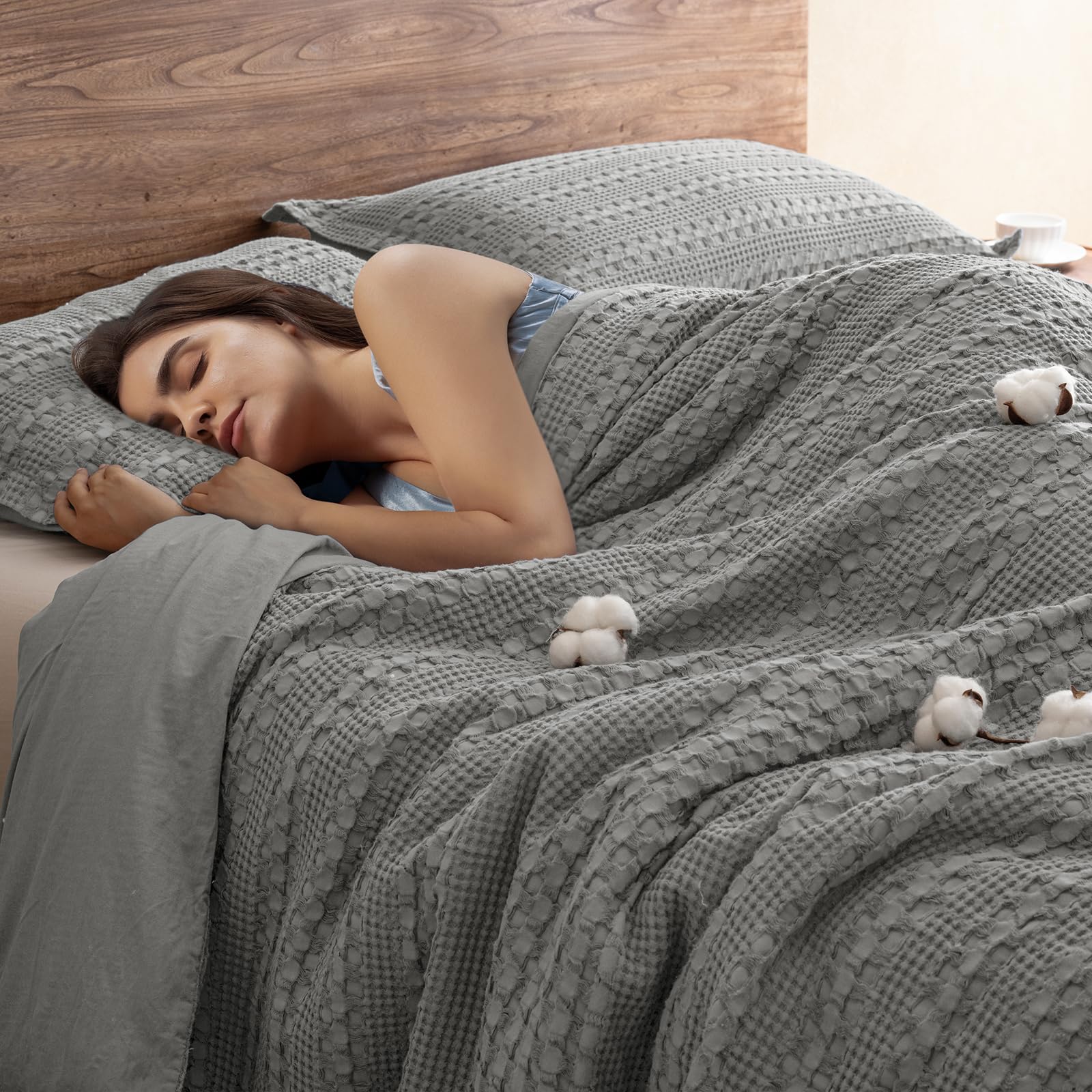 phf 100% cotton waffle duvet cover queen size, soft breathable cotton bedding duvet cover set for all season, waffle weave luxury textured design for all home decor, 3 pieces, 90"x90", oatmeal