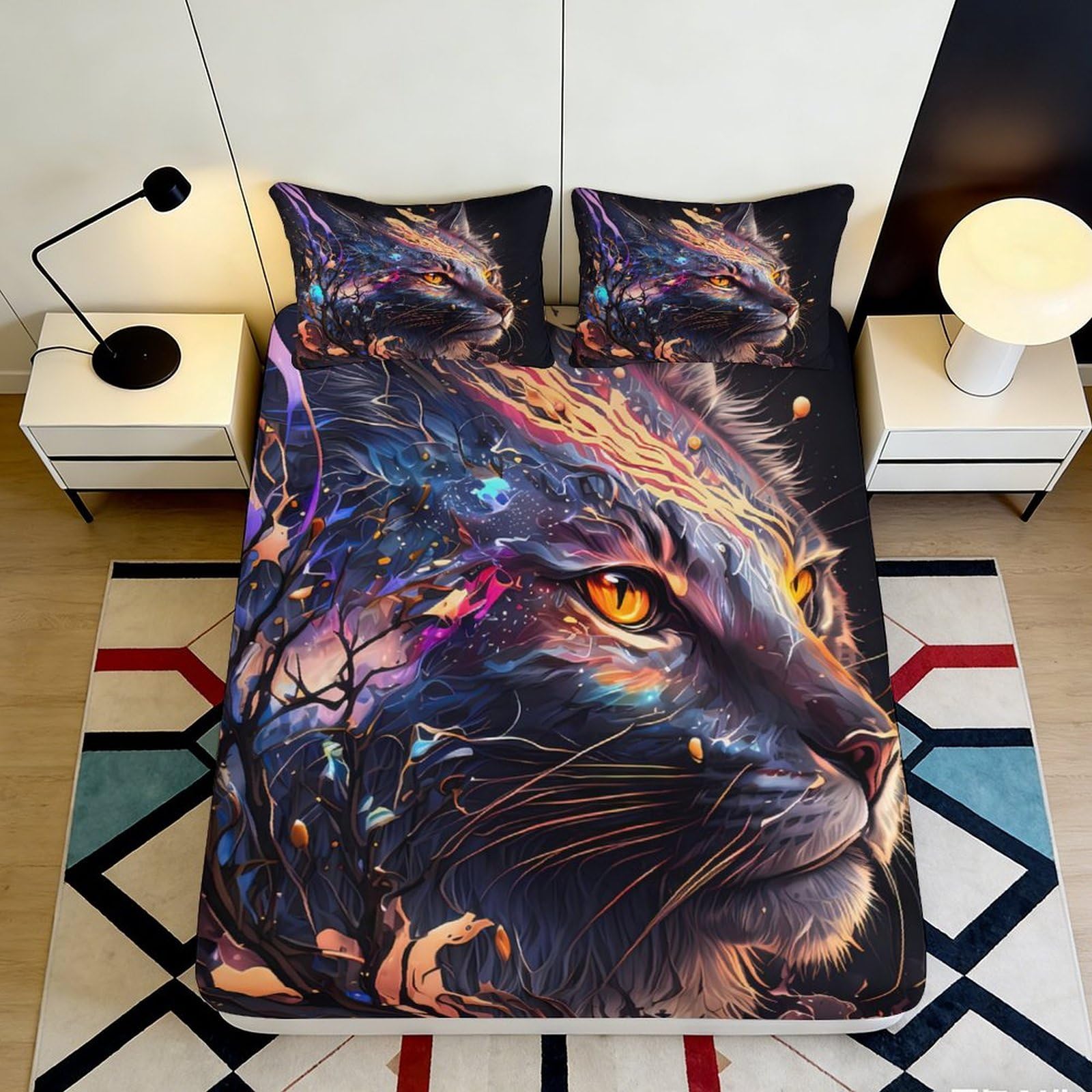 3D Printed Black Panther Fitted Sheet Microfiber Bedroom Decor Colorful Cat Eyes Mattress Cover Anti-Slip Washable 90x200x25cm
