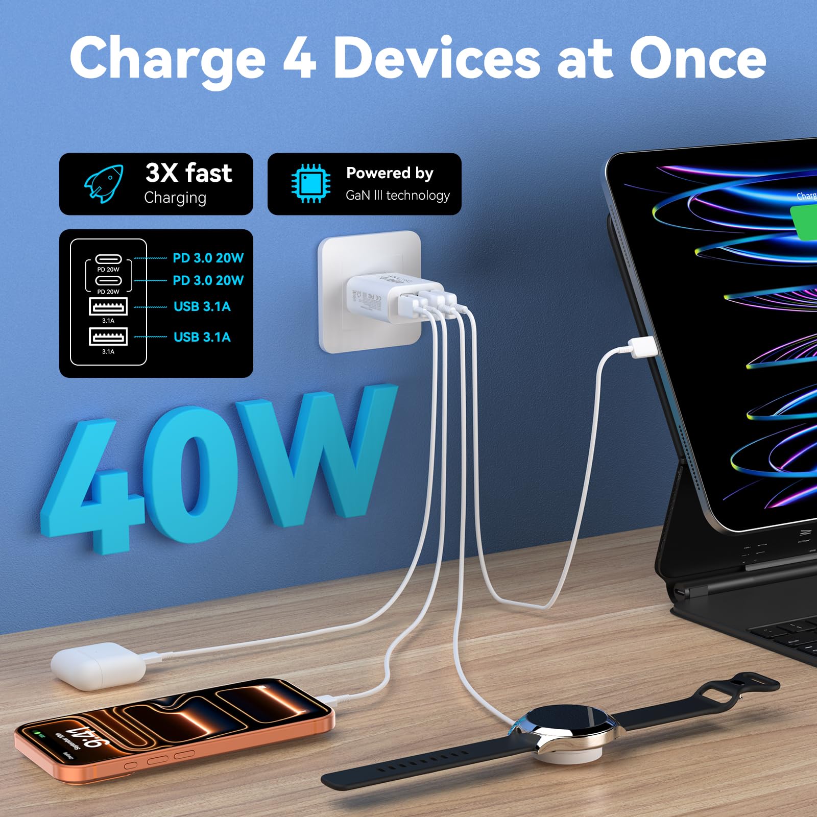 Bloque de carga USB C, múltiples puertos tipo C, bloques de carga rápida para teléfono, cubo de alimentación de 40 W, 4 puertos, enchufe de pared USB A+USBC, caja de ladrillo para iPhone 17/16/15/14