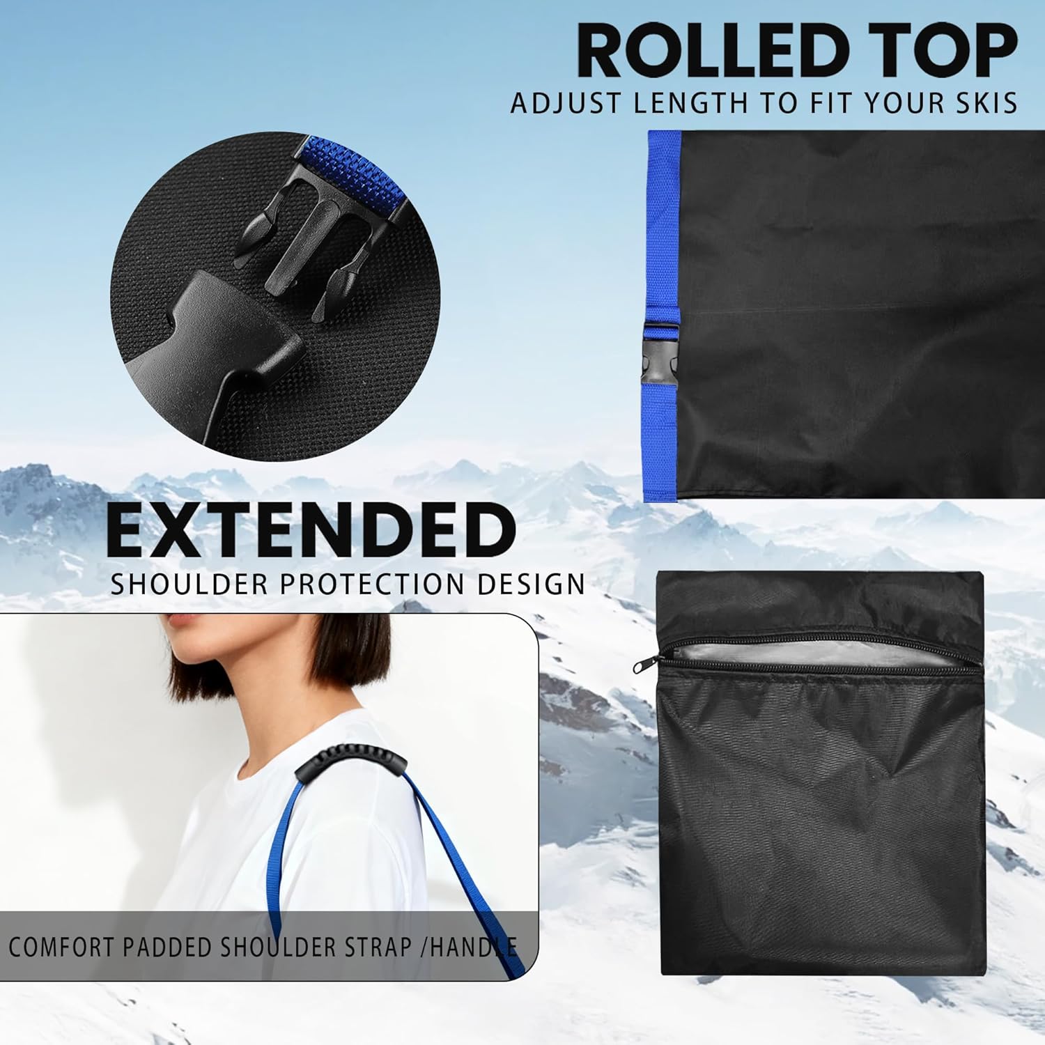 Black Ski Bag with Shoulder Straps, Padded Winter Sports Equipment Storage Case, Snowboard Travel Carrier with Blue Accent