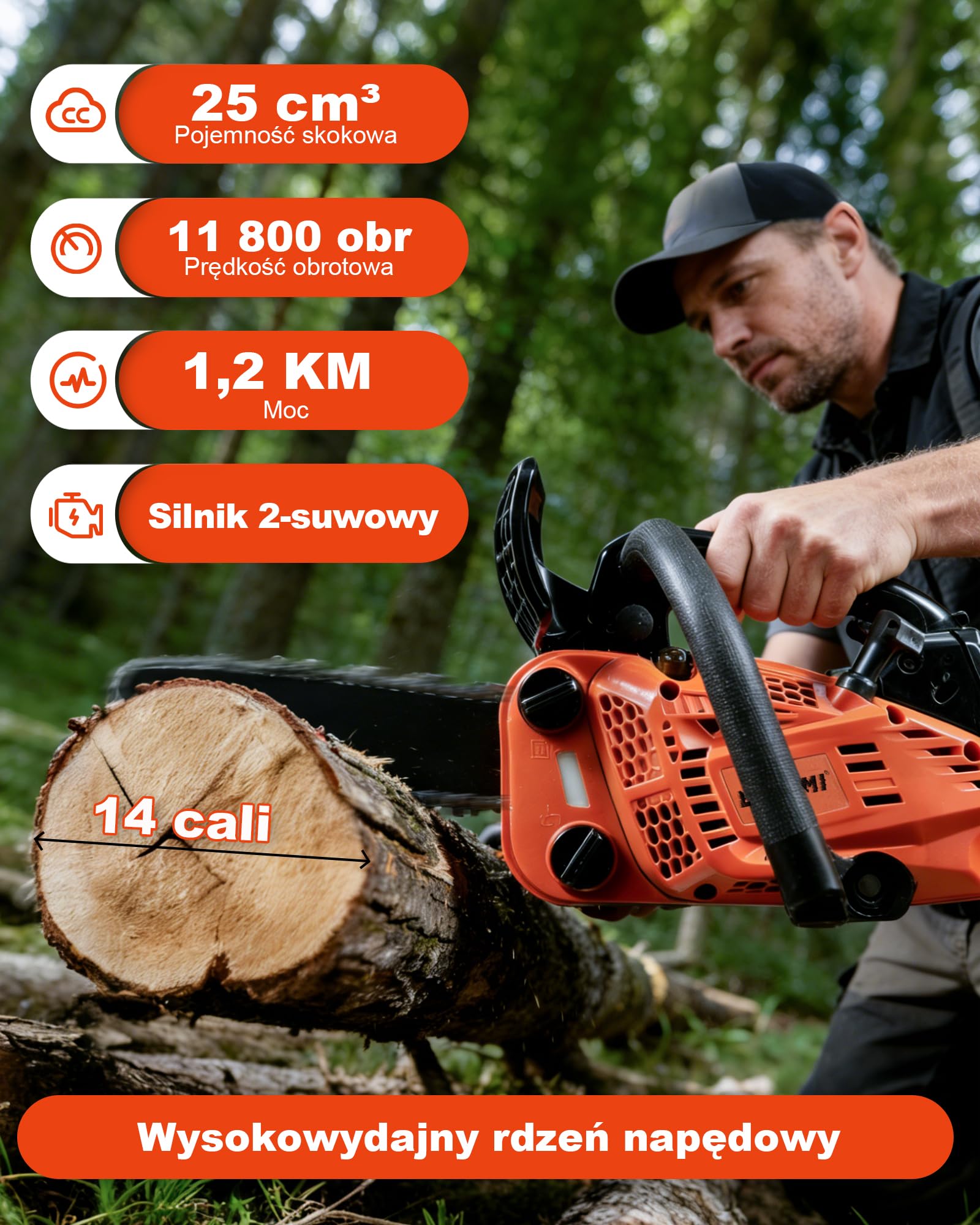 Benzynowa piła łańcuchowa 25CC, 2-suwowa piła łańcuchowa, 12" i 14", 2 łańcuchy, przenośna piła łańcuchowa, wyłącznik bezpieczeństwa. Piła spalinowa do pielęgnacji drzew do sekatorów, cięcia