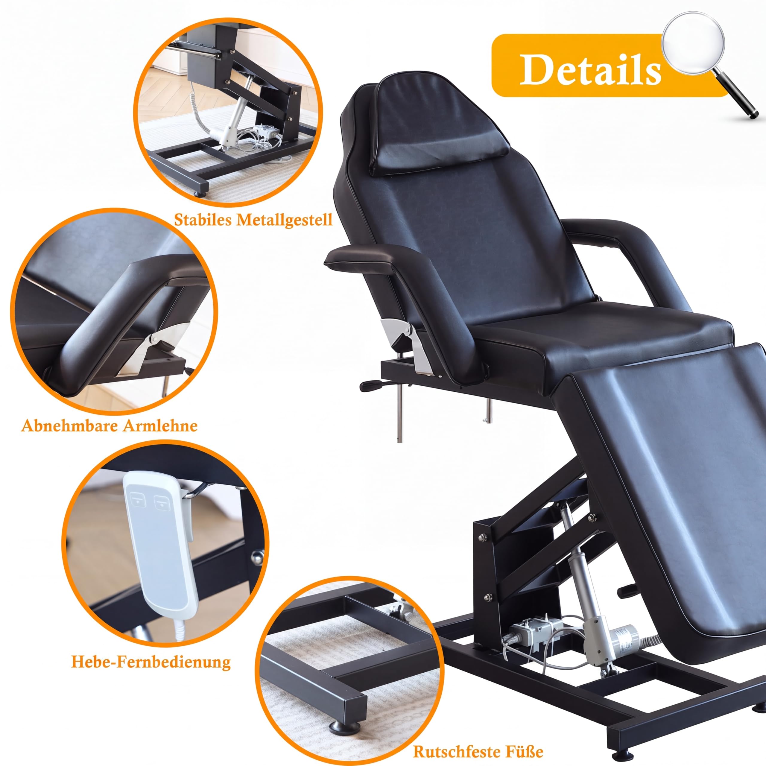 Kosmetikliege Elektrisch, Kosmetikstuhl Höhenverstellbare, Massagetisch & Tattooliege mit abnehmbaren Armlehnen & Kopfteile, Massageliegen PU-Leder Set für Spa, Tattoo, Gesichtspflege (Schwarz)