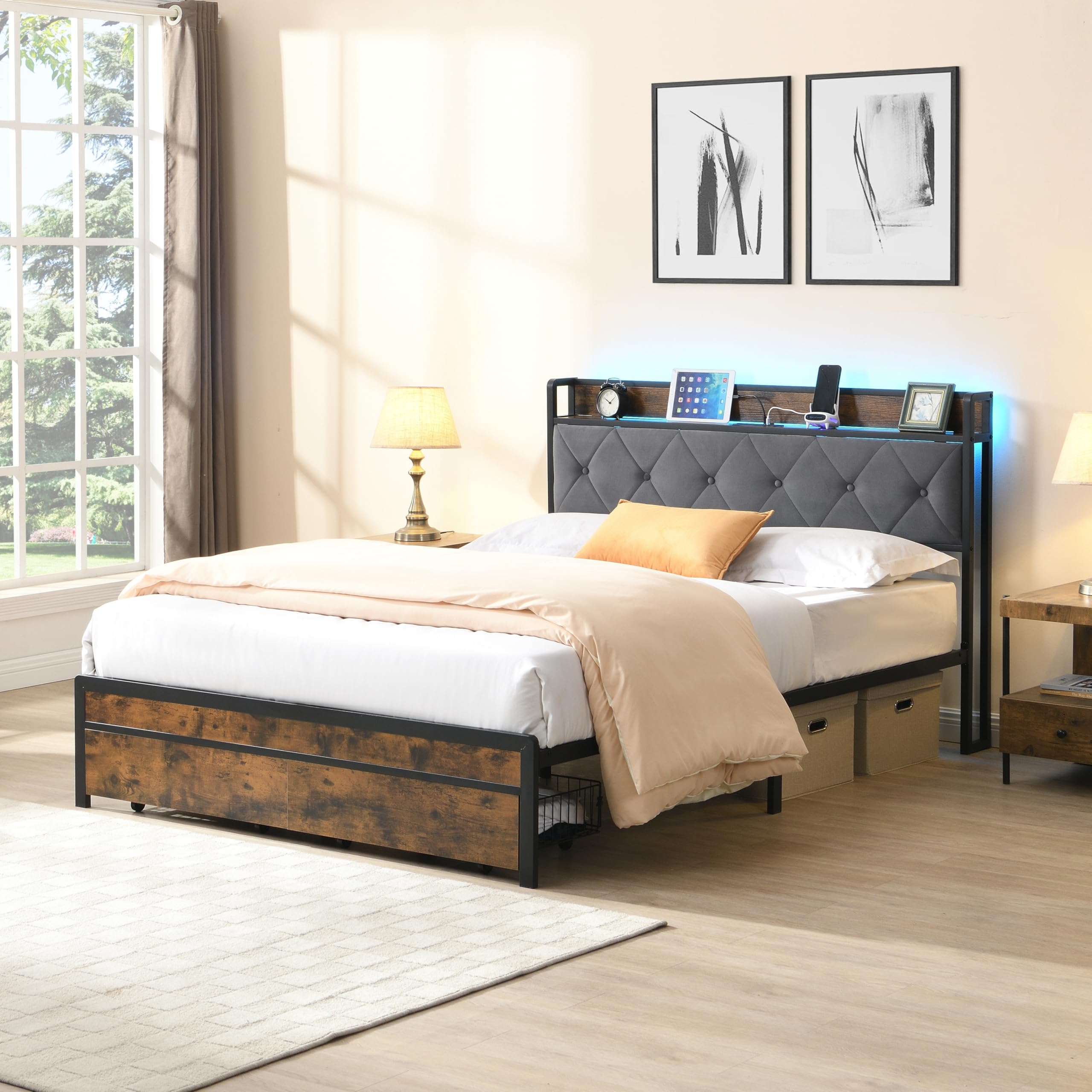Bed Frame King Size with Drawers and Charging Station Metal Platform Bed with Upholstered Storage Headboard and LED
