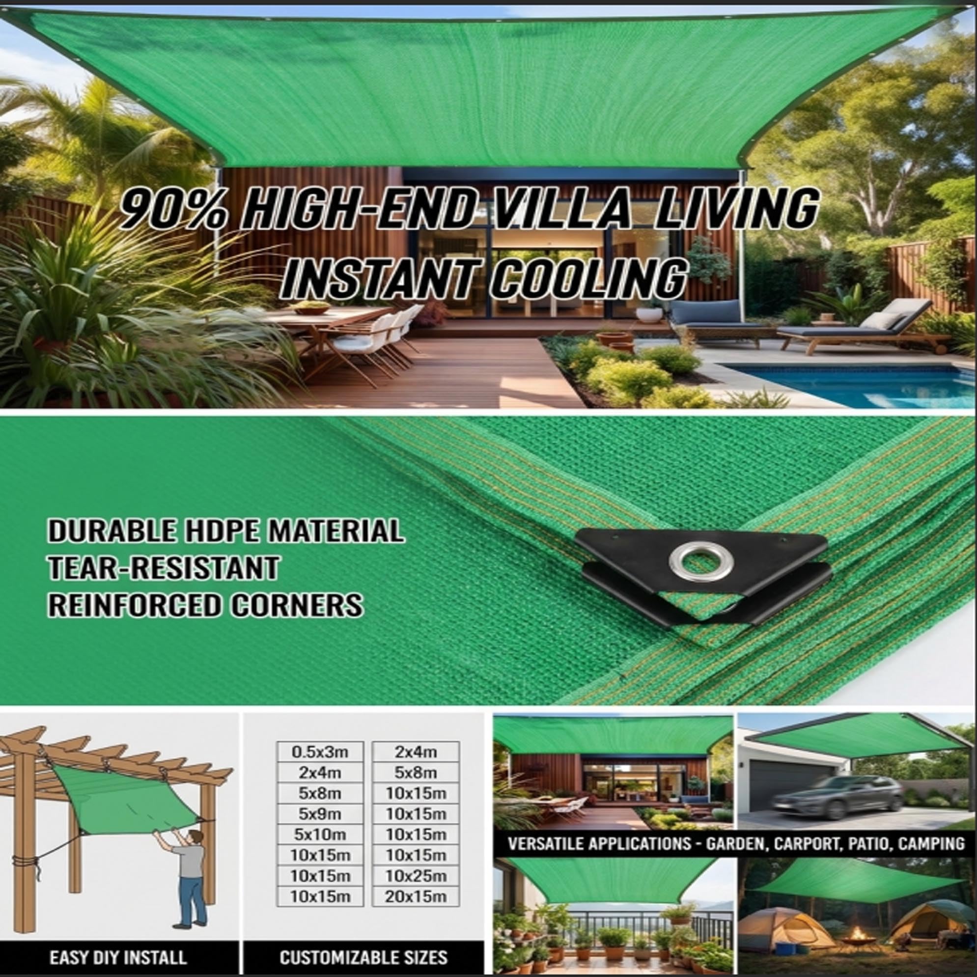 Malla Sombra Verde 90% de sombreado, Tela Transpirable para balcón, jardín y Camping Caravana