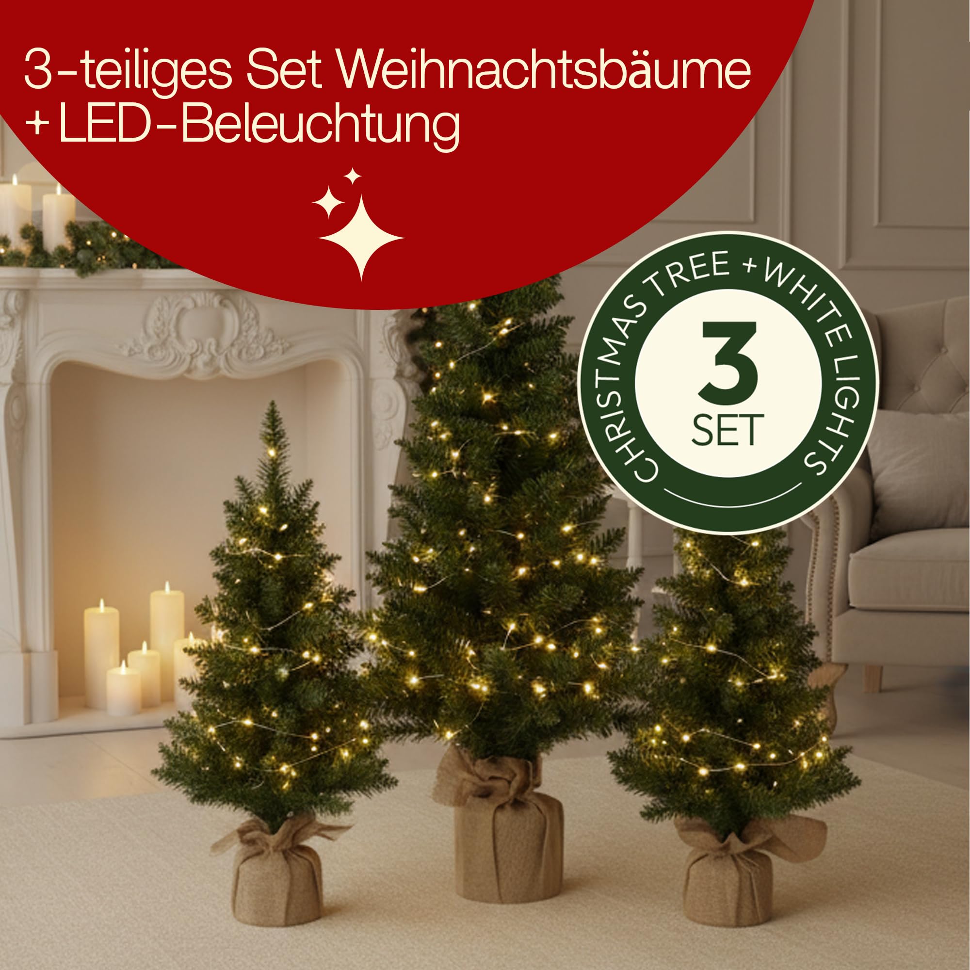Meisterhome® 3-teiliges Set Künstlicher Weihnachtsbäume mit LED-Lichtern – Realistische Tannennadeln & Jutefuß – Höhen 75/90 / 120 cm – Langlebige & stilvolle Weihnachtsdeko