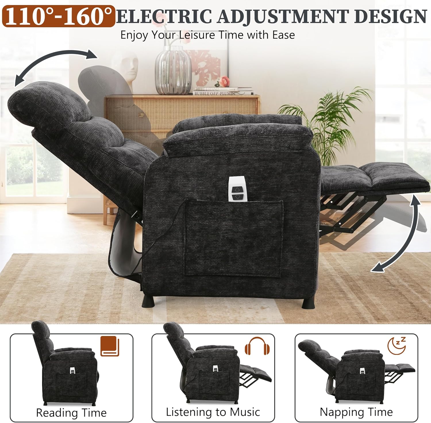 Electric Recliner Chair, Power Recliner Sofa with Remote, Adjustable Backrest and Side Pocket, 7-Zone Support, 350 LBS, Soft Chenille Fabric Armchair for Living Room or Small Spaces, Black