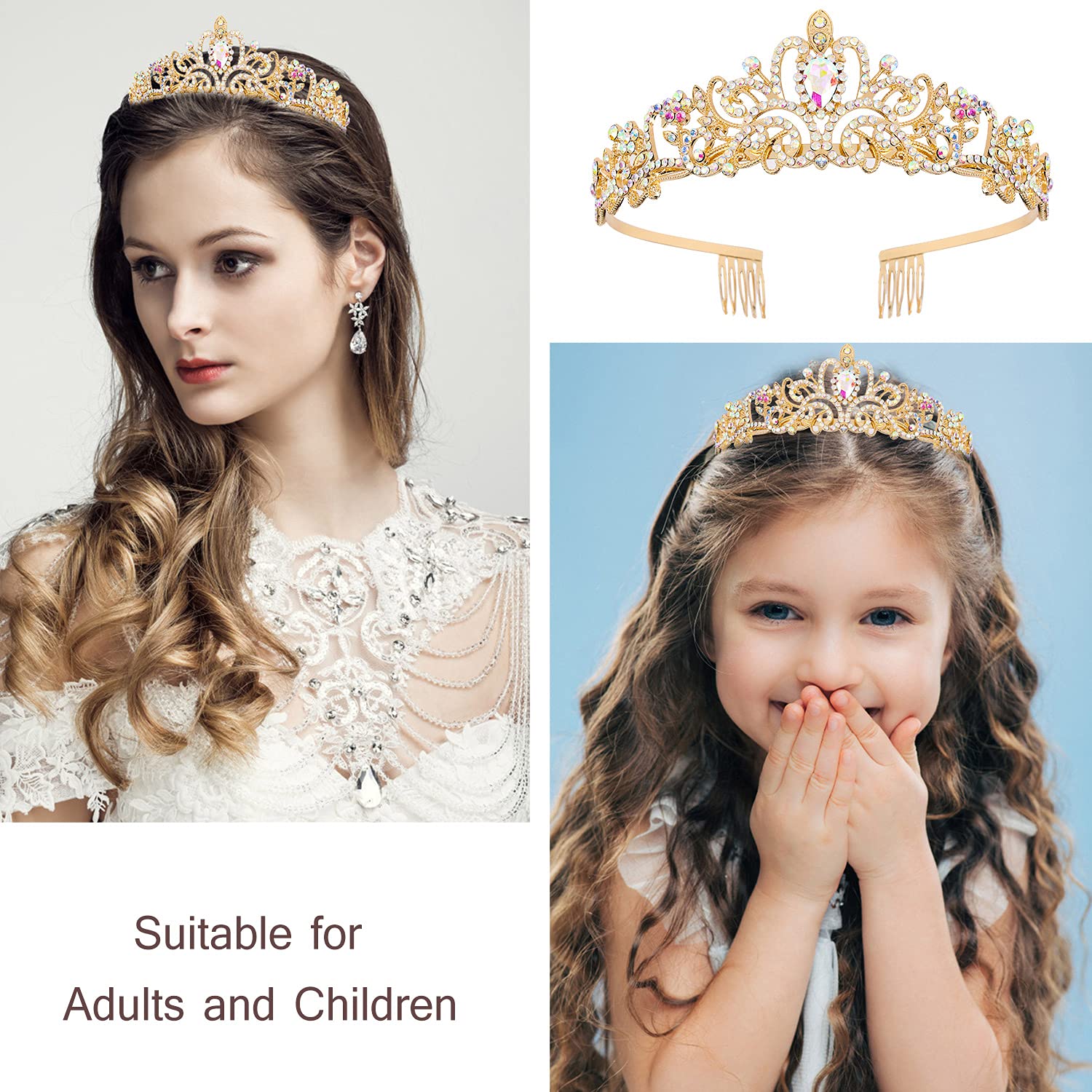 Tiara Di Compleanno Per Donna Con Strass AB E Fiori - Diadema Regina Con Fascia, Corona Per Compleanno, Matrimonio E Feste, Diametro 12,7cm
