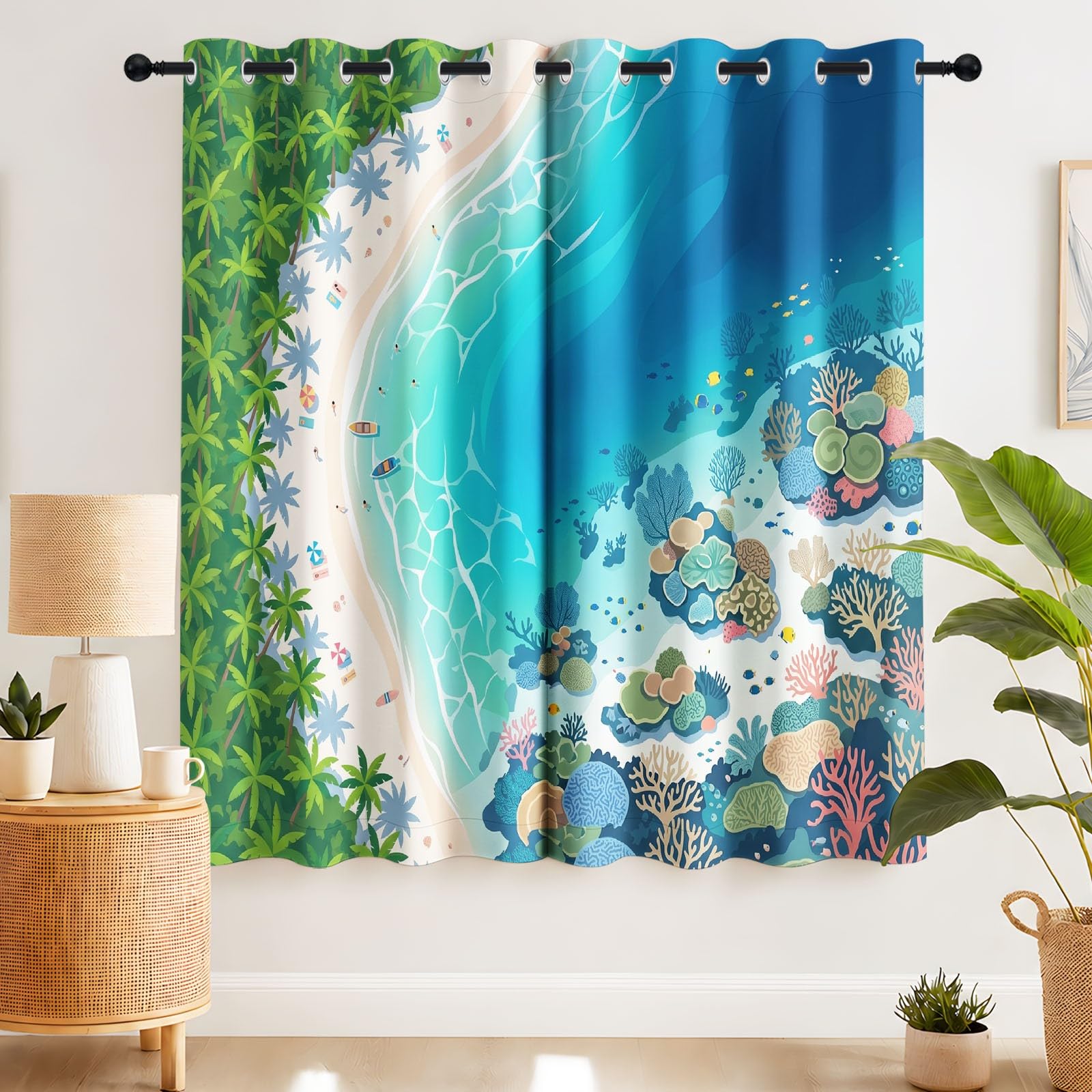 Générique Rideau Occultant Côtier Tropical 117 x 137 CM, Côte Paysage Rideaux et Draperies pour Enfants Filles Chambre Salon Rideaux de Fenêtre Thermiques Isolants