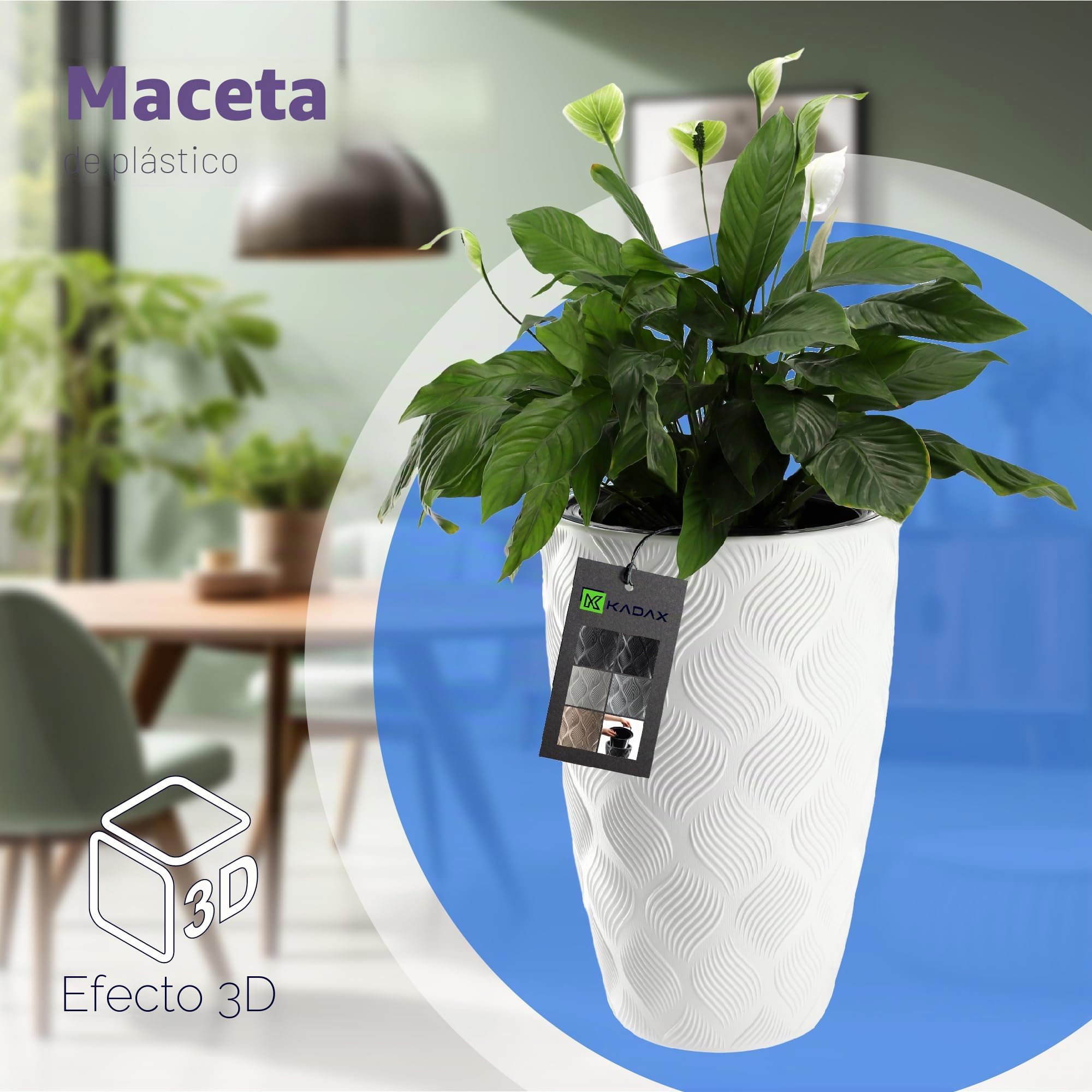 KADAX Maceta con bandeja y asas, maceta de plástico en 5 tamaños, resistente a los rayos UV, jarrón alto resistente a la intemperie, maceta con efecto 3D (blanco alto)