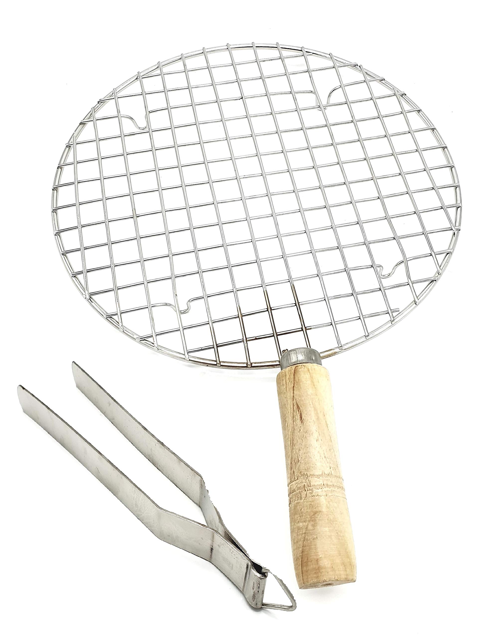Epraiser Premium Stainless Steel Food Grade Wooden Handle Square Roaster Papad Jali Grill Tandoor for Papad Barbeque Roast Baingan Bharta Pizza Roti Toast Etc (Classic Round Combo with Tong)-image-15