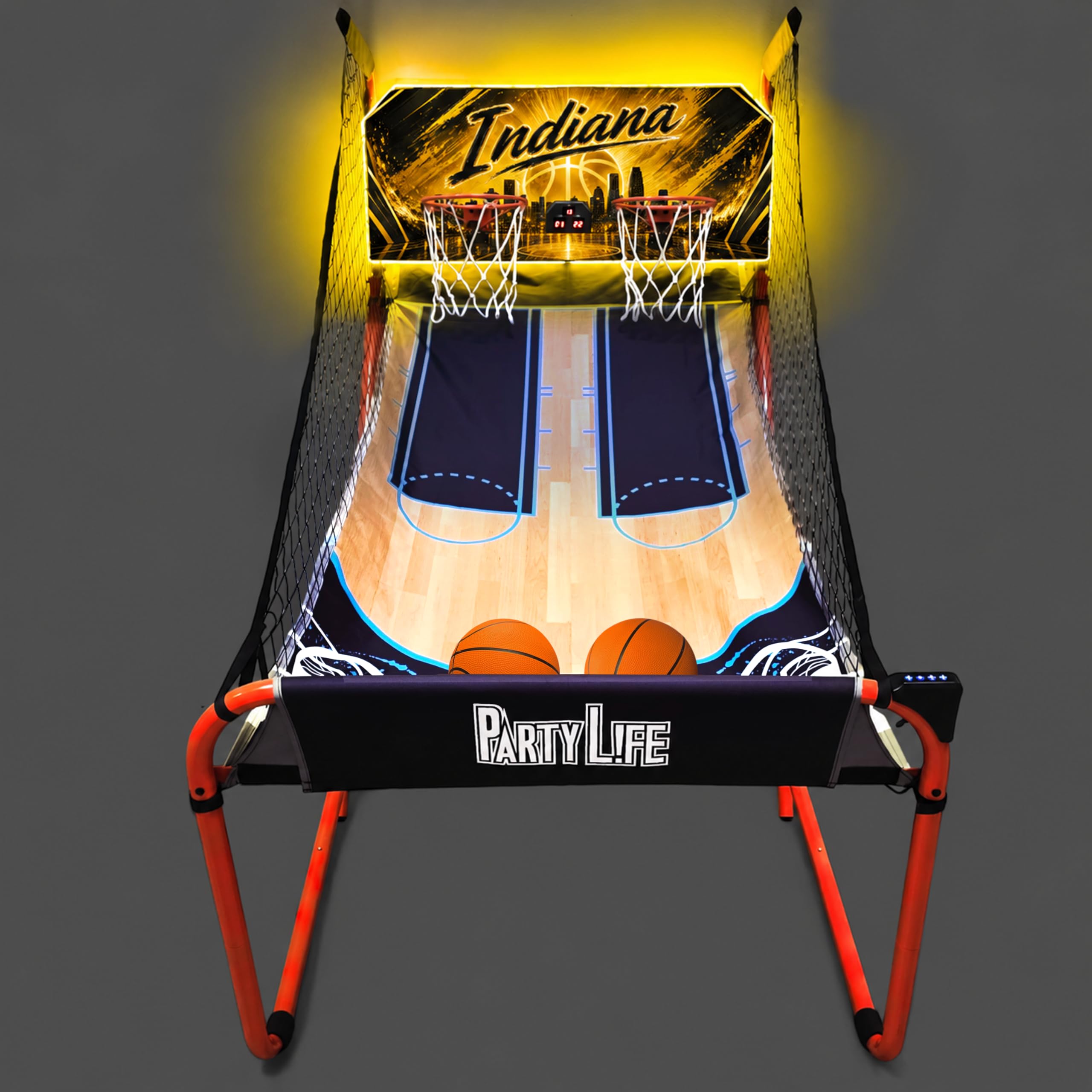 PartyLife 2-Player Basketball Arcade Game w/LED Lights | Electronic Scoring | 5 Balls, 1 Pump, 8 Games | Folding Design | Heavy-Duty Steel Frame