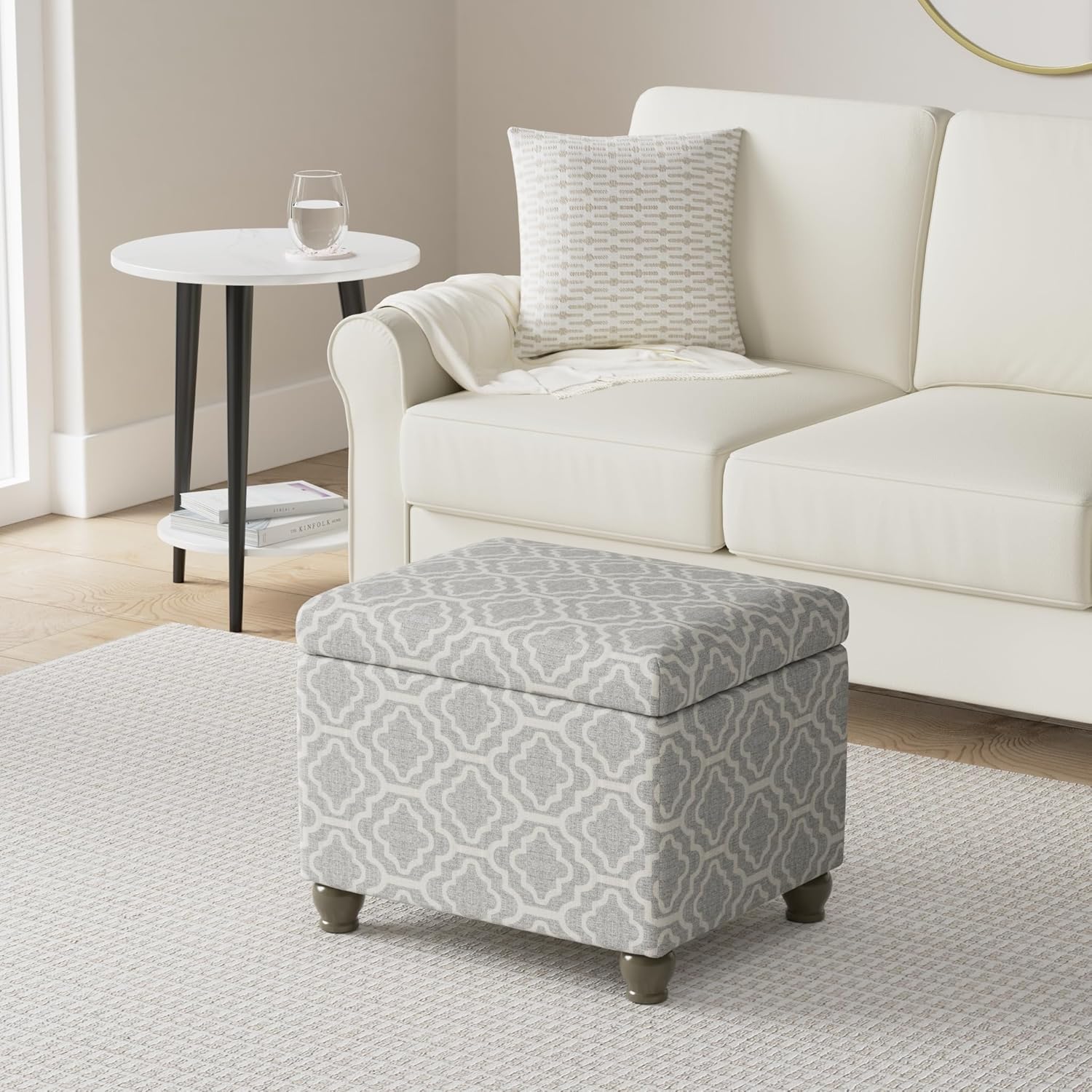 Gray Geometric Wood Storage Ottoman with Hinged Lid