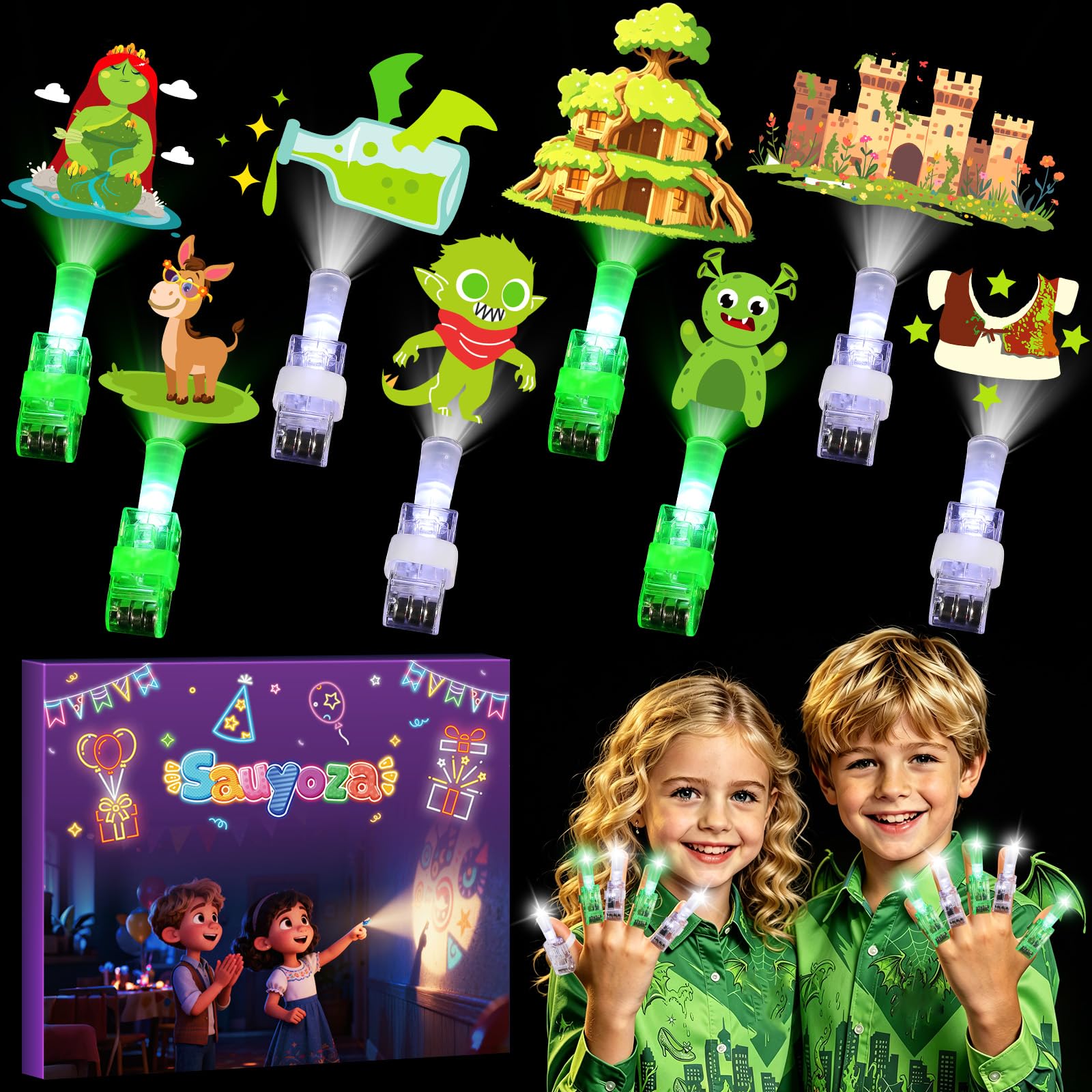 36 Pack Giant Green Creature Party Favors LED Finger Lights for Kids
