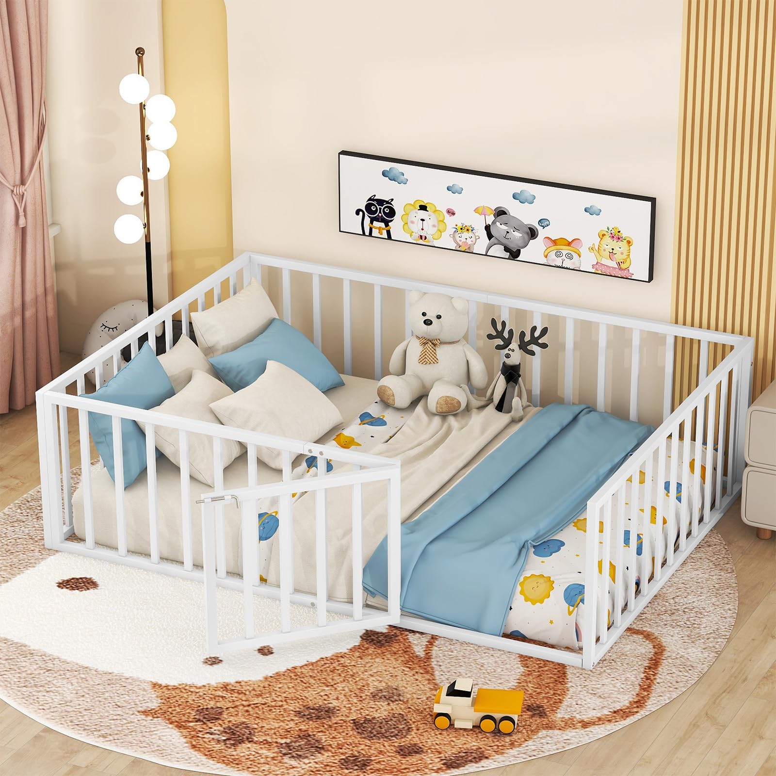 Full Size Floor Bed, Montessori Floor Bed Frame with Fence WOODEN Kids Floor Bed with Door Full Slats Platform Bed with Rails for Boys Girls Excluded Mattress
