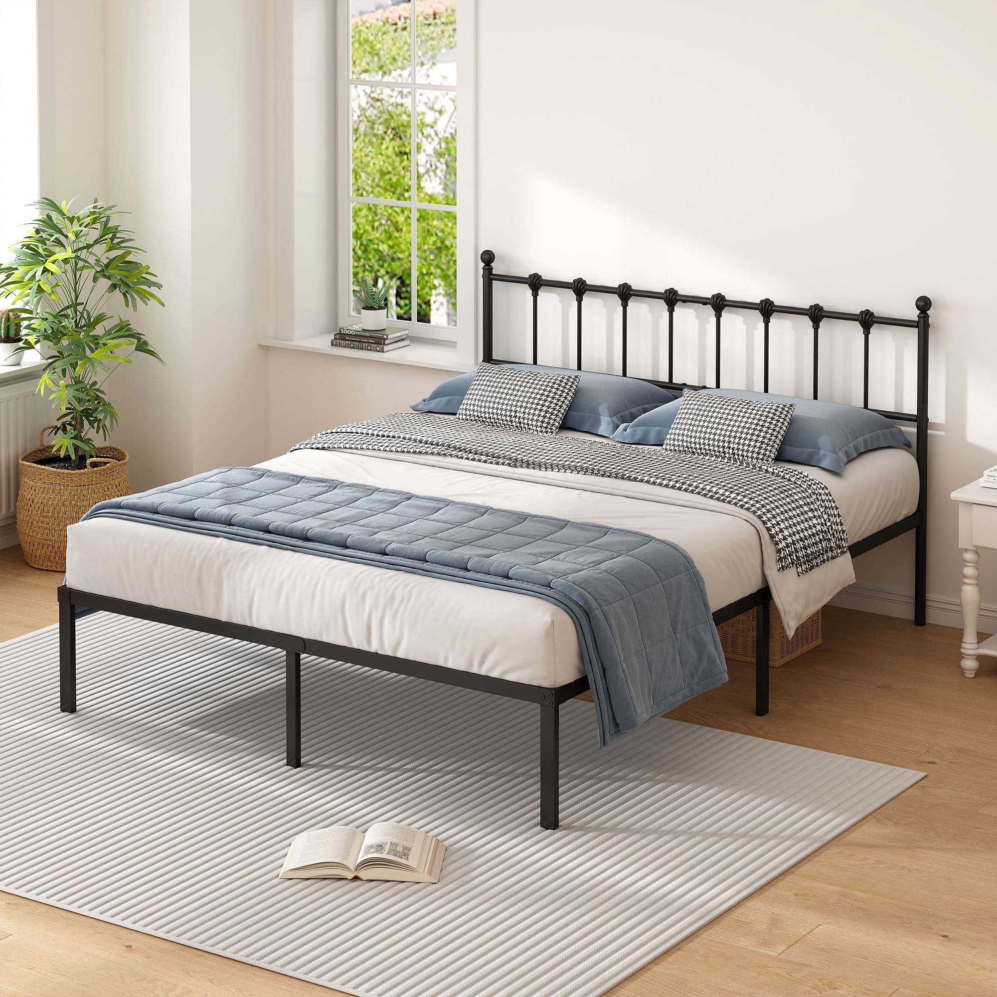 King Size Bed Frame with Modern Headboard Metal Platform Bed Base with Strong Support No Box Spring Needed