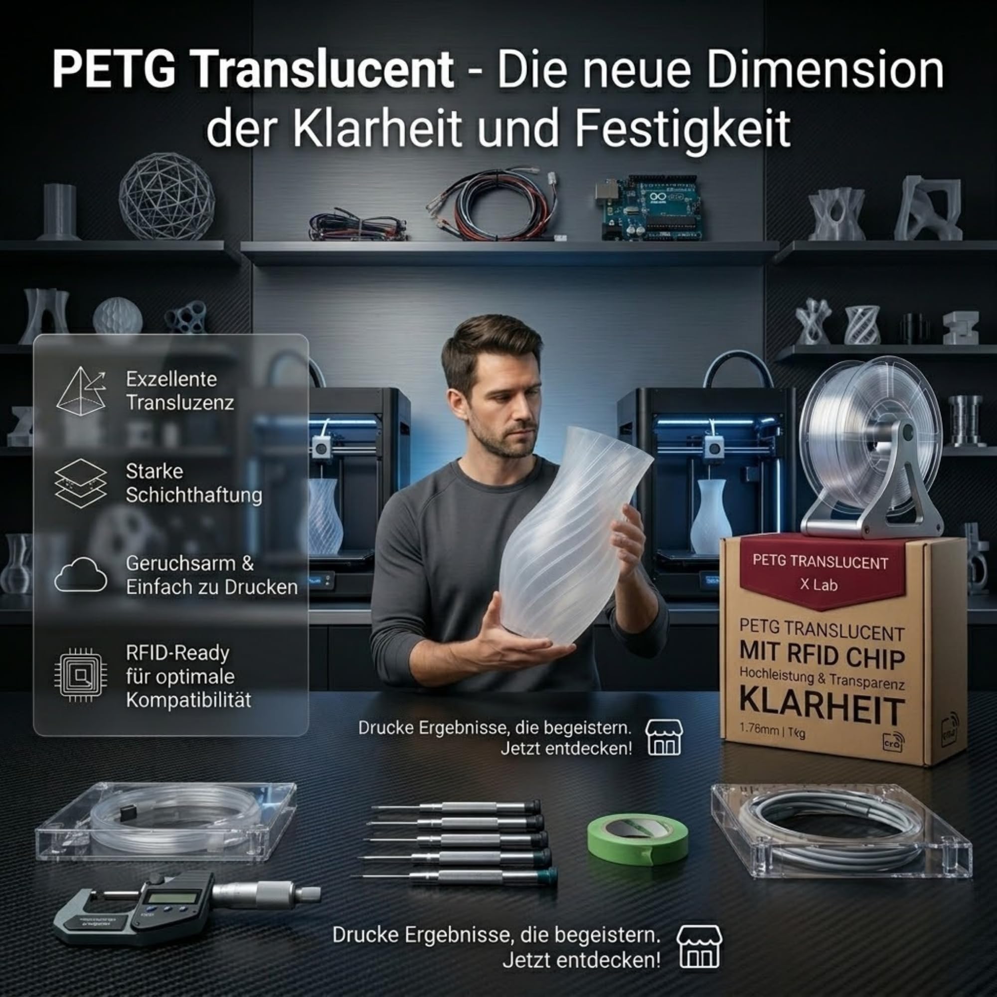 Pasuje do Bambu Lab 1 kg PETG TRANSLUCENT przezroczysty z chipem RFID, przezroczysty filament do druku 3D, 1,75 mm, do bambusowych lab, akcesoria P1S, P2S, H2C, H2D, H2S, X2D, do AMS, przezroczysty
