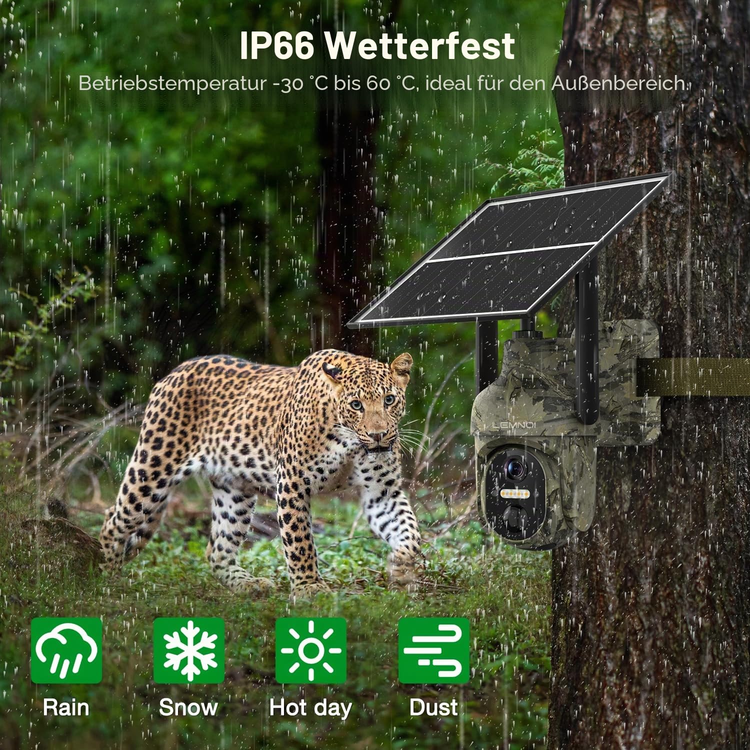 Lemnoi 4G LTE Solar Wildkamera mit Bewegungsmelder, Akku Wildkamera mit SIM Karte Preinstalliert und SD Karte, 2K Überwachungskamera Aussen mit Farbnachtsicht, PIR Erkennung,Wasserdicht (Tarnung)