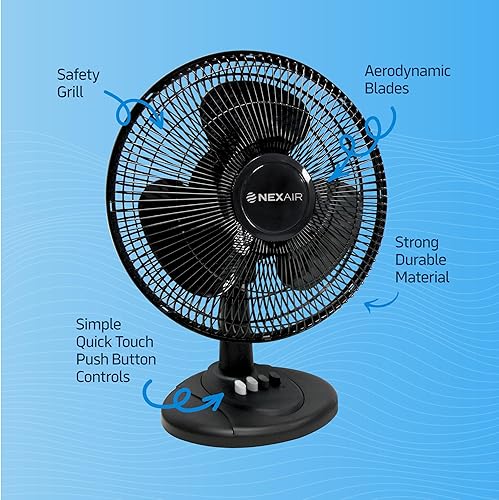 Miniatura 8 de Ventilador de mesa oscilante de 12 pulgadas, 3 velocidades, con inclinación ajustable de 180 y prácticos controles de botón, ventilador de