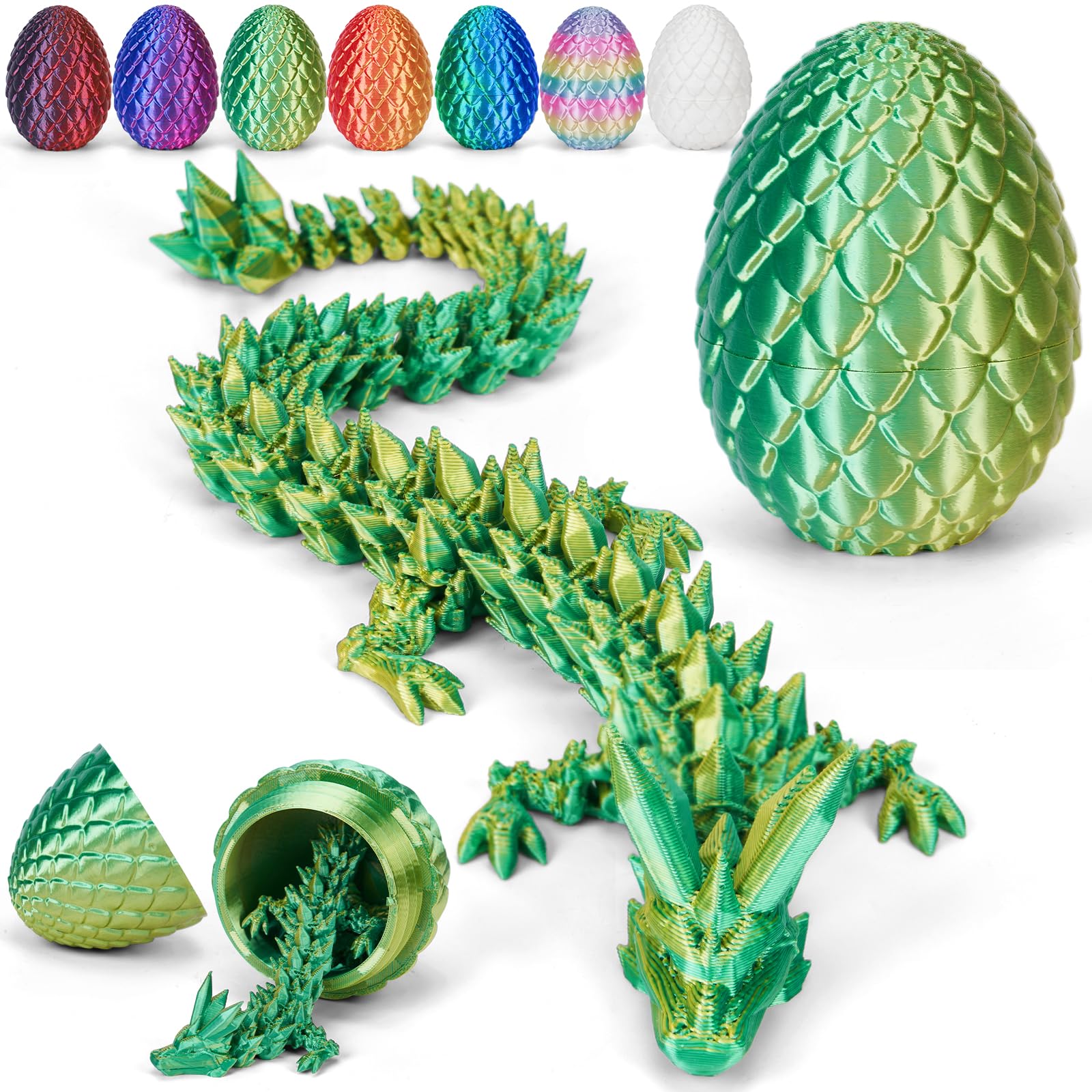 Merrwon 3D Printed Dragon Egg with Dragon (28.5cm) Inside, 3D Printed Articulated Crystal Animals Easter Toys & Decor, Unique Easter Gift for Kids, Teens, Adults, Collectors, Laser Green — image 1