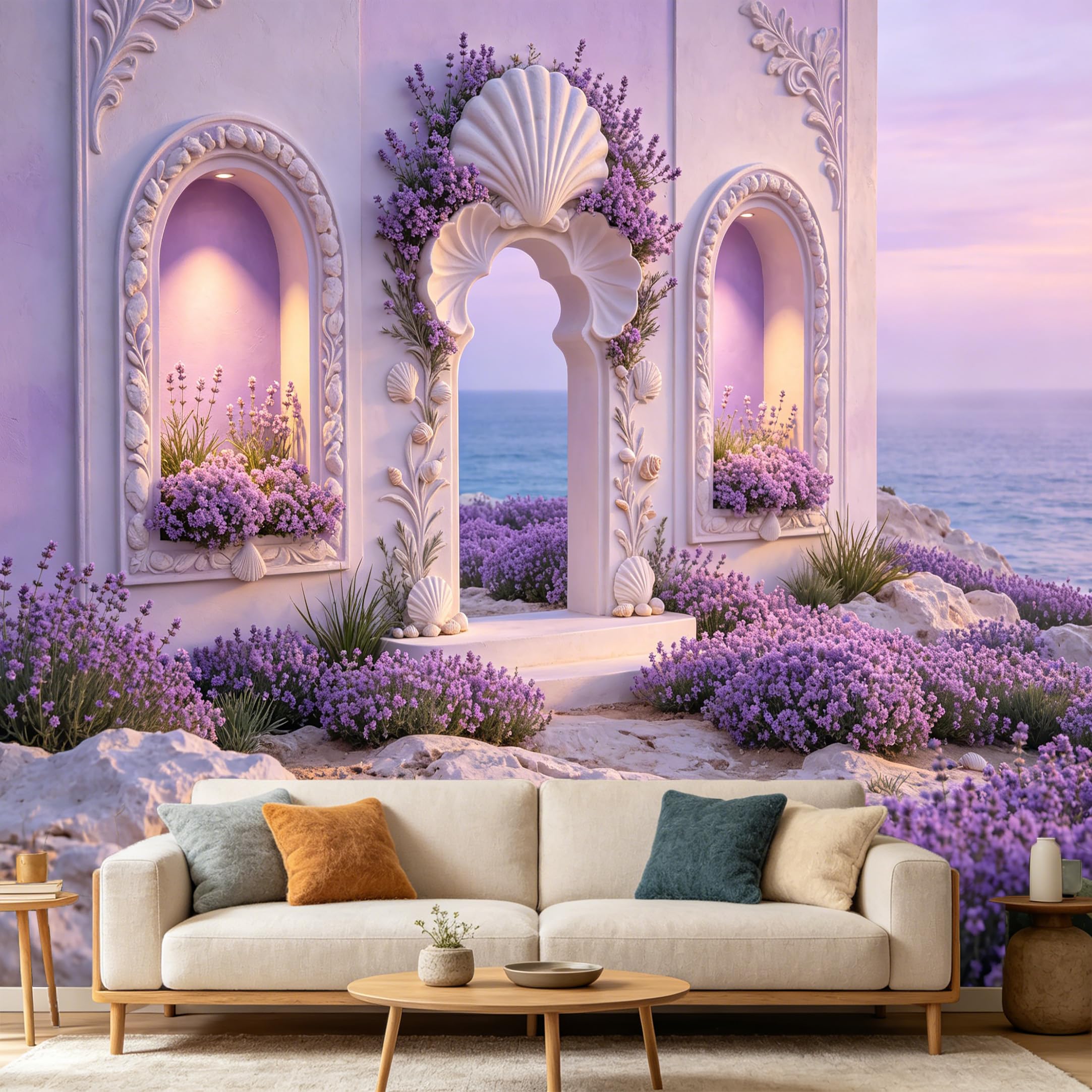 Custom Size Wall Mural， Coastal Mediterranean Lavender Sea Archway 3D Landscape， SelfAdhesive Art Prints wall Fabric Removable Large Wallpaper Home Living Room Decor