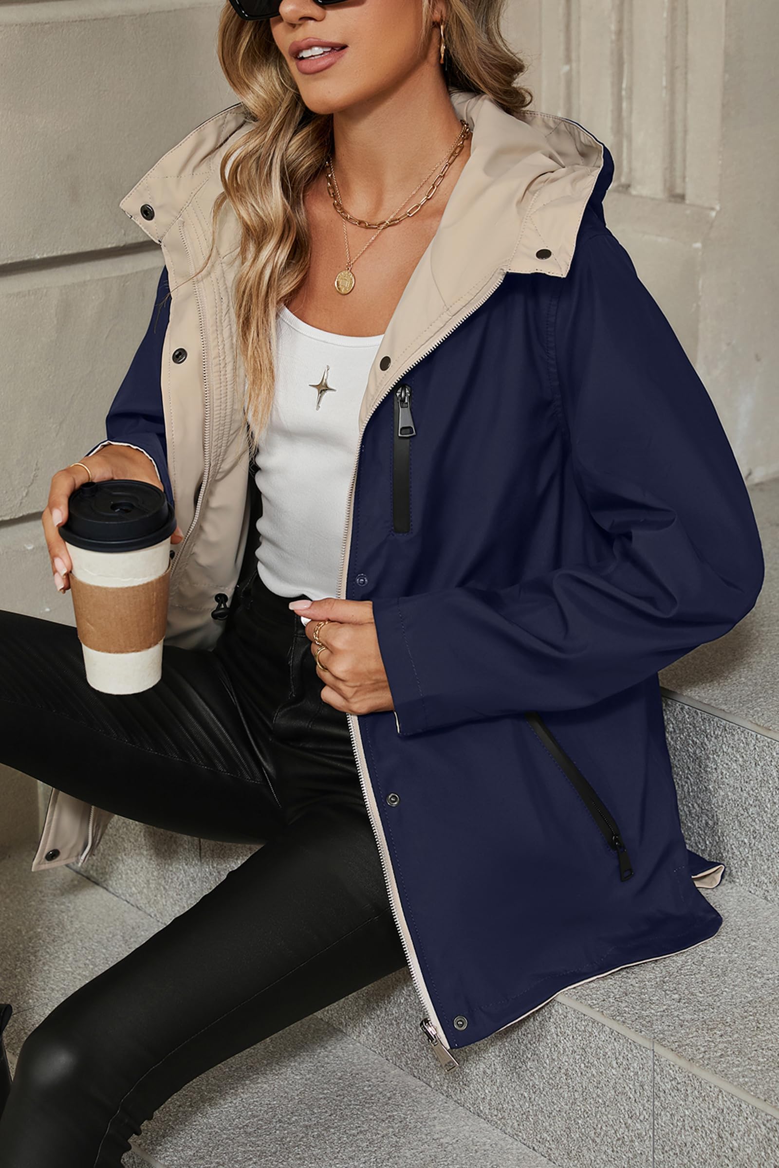 Giolshon Chaqueta cortavientos ligera para mujer Chaqueta de manga larga con cremallera Impermeable para exteriores con capucha