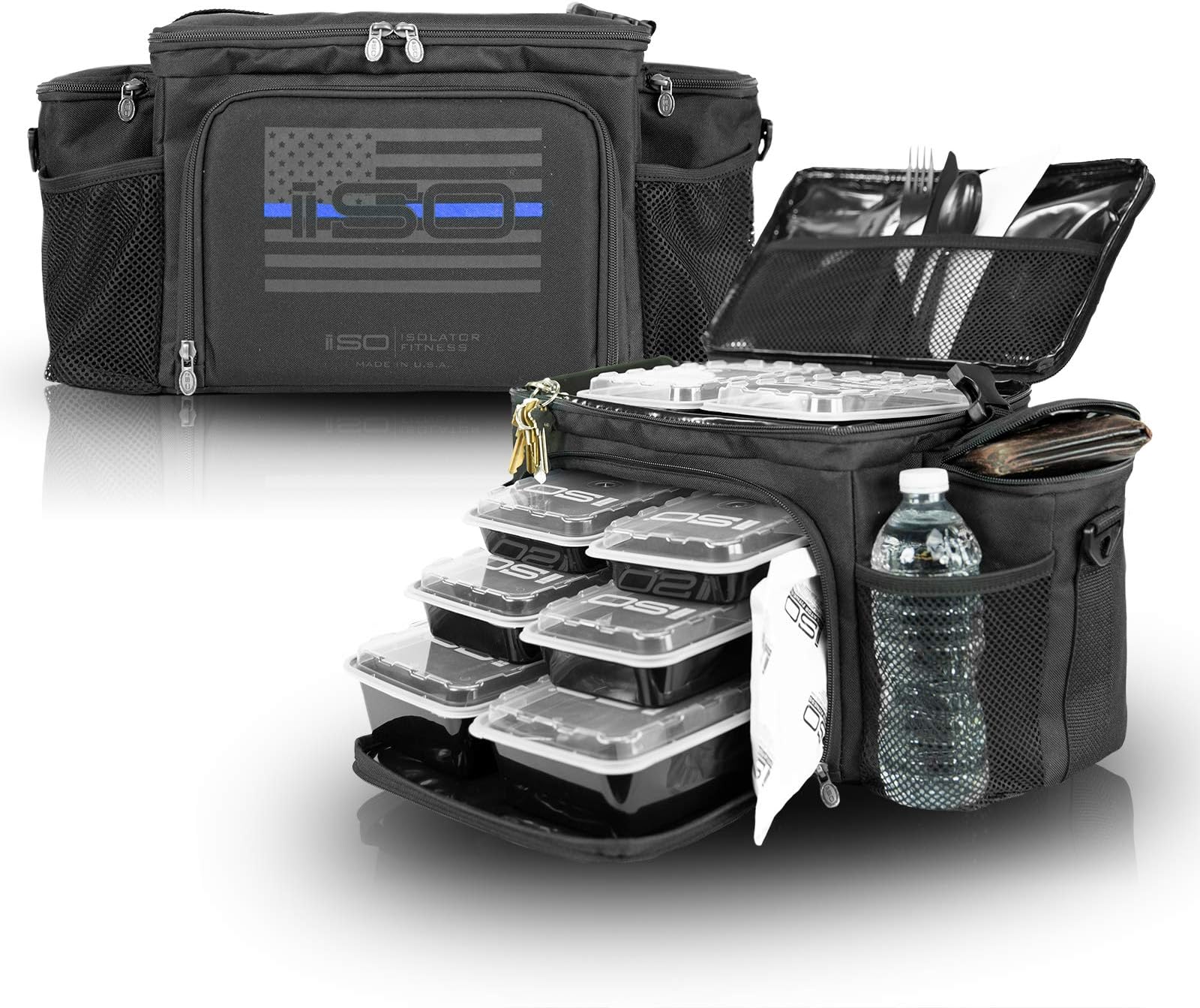 Isolator Fitness Thin Blue Line 6 Meal ISOBAG Meal Prep Management Insulated Lunch Bag Cooler with 12 Stackable Meal Prep Containers, 3 ISOBRICKS, and Shoulder Strap - MADE IN USA