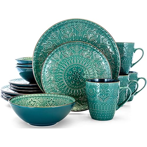 Elama Sea Foam Mozaic 16 Piece Round Stoneware Dinnerware Set in Sea Green