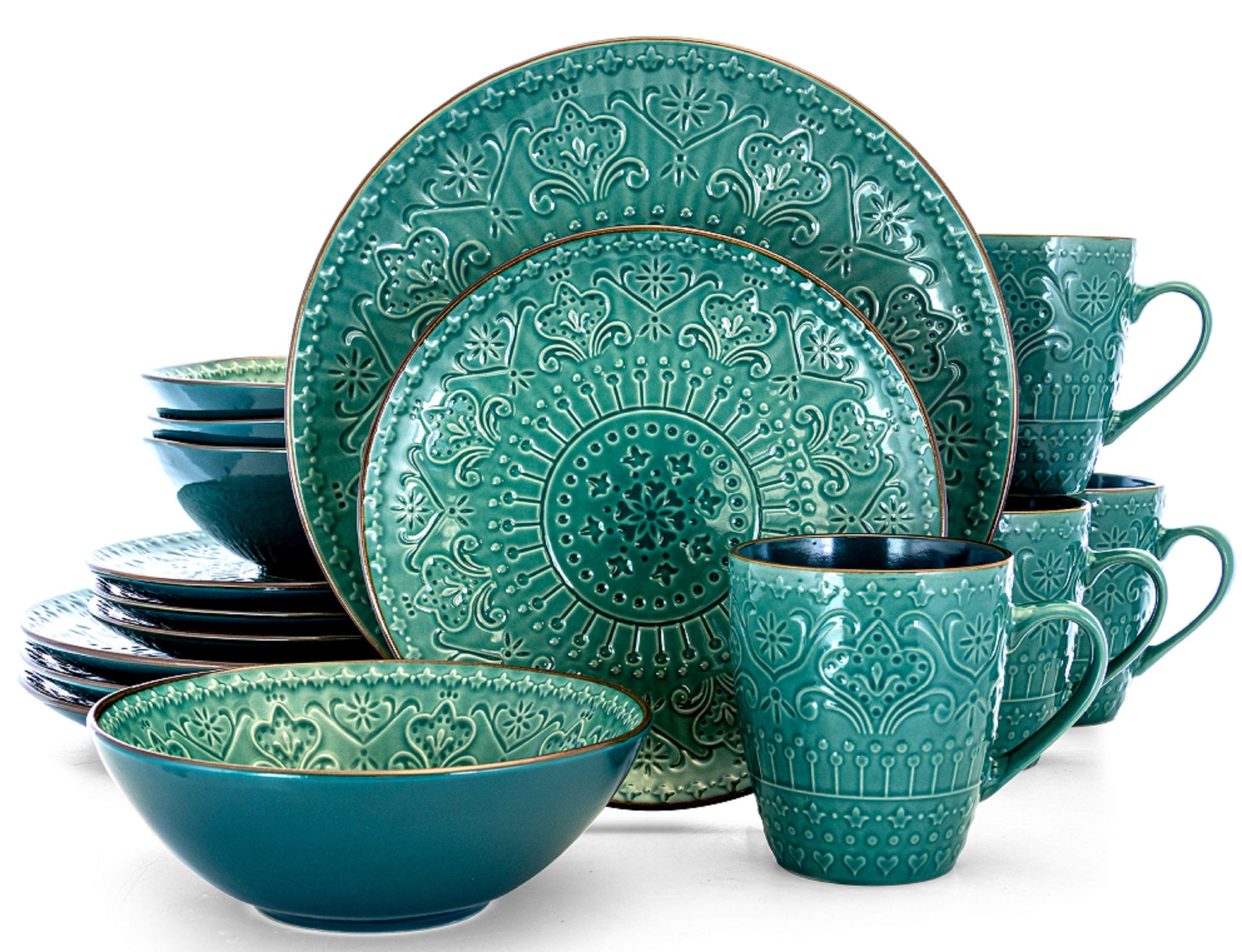 Elama Sea Foam Mozaic 16 Piece Round Stoneware Dinnerware Set in Sea Green