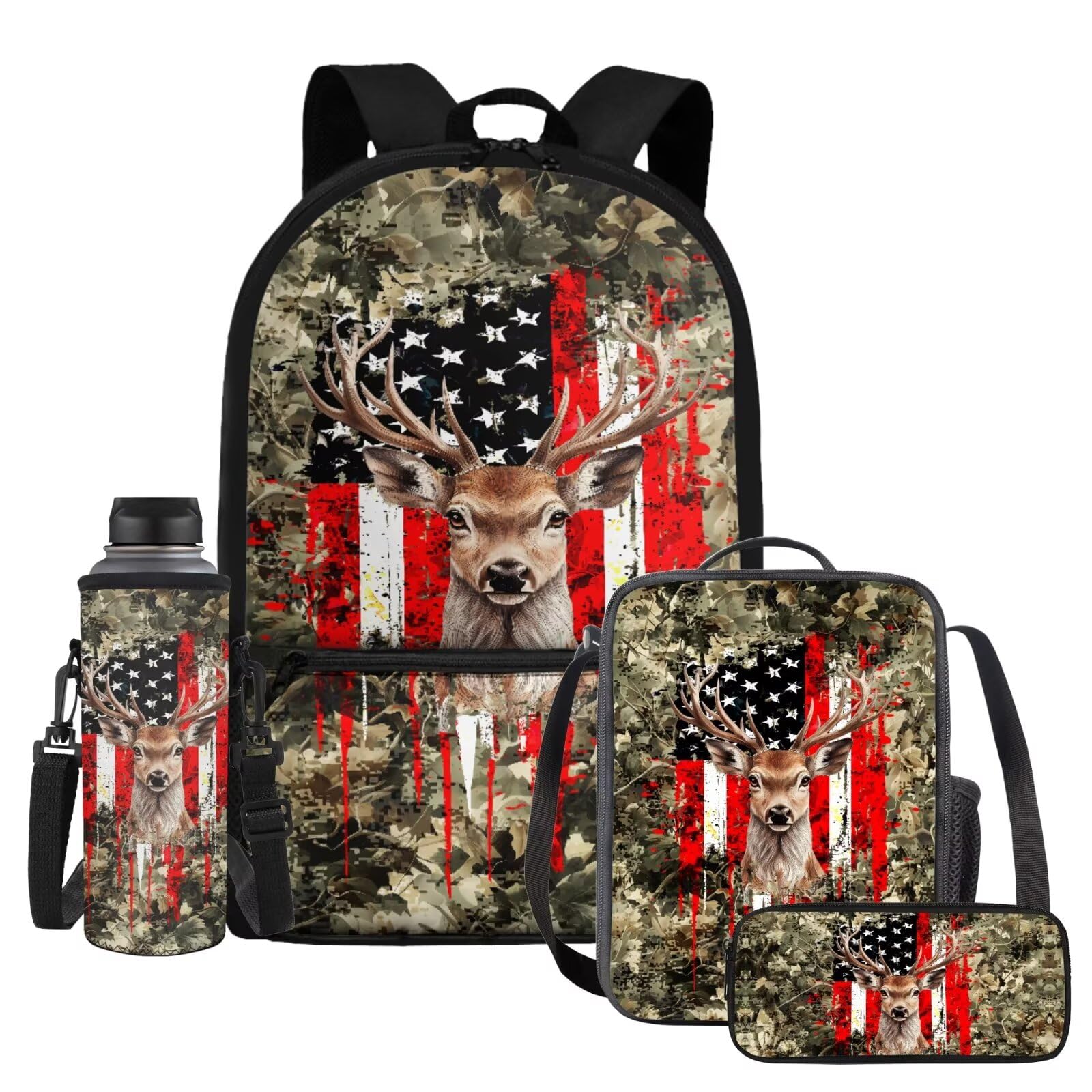 HUIACONG Hunting Camo Bookbag for Boys 6-8 8-9 Kids Camouflage Backpack with Lunch Box Set American Flag School Bag Pencil Case Water Bottle Holder