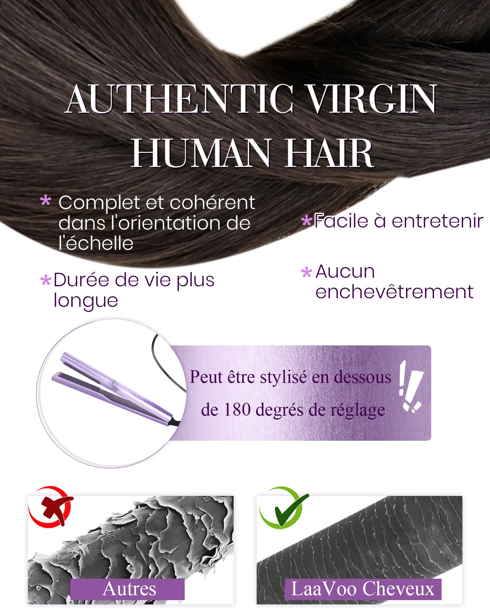 LaaVoo Extension Cheveux Naturel Keratine Marron Fonce 50cm 100g 100 Mèche