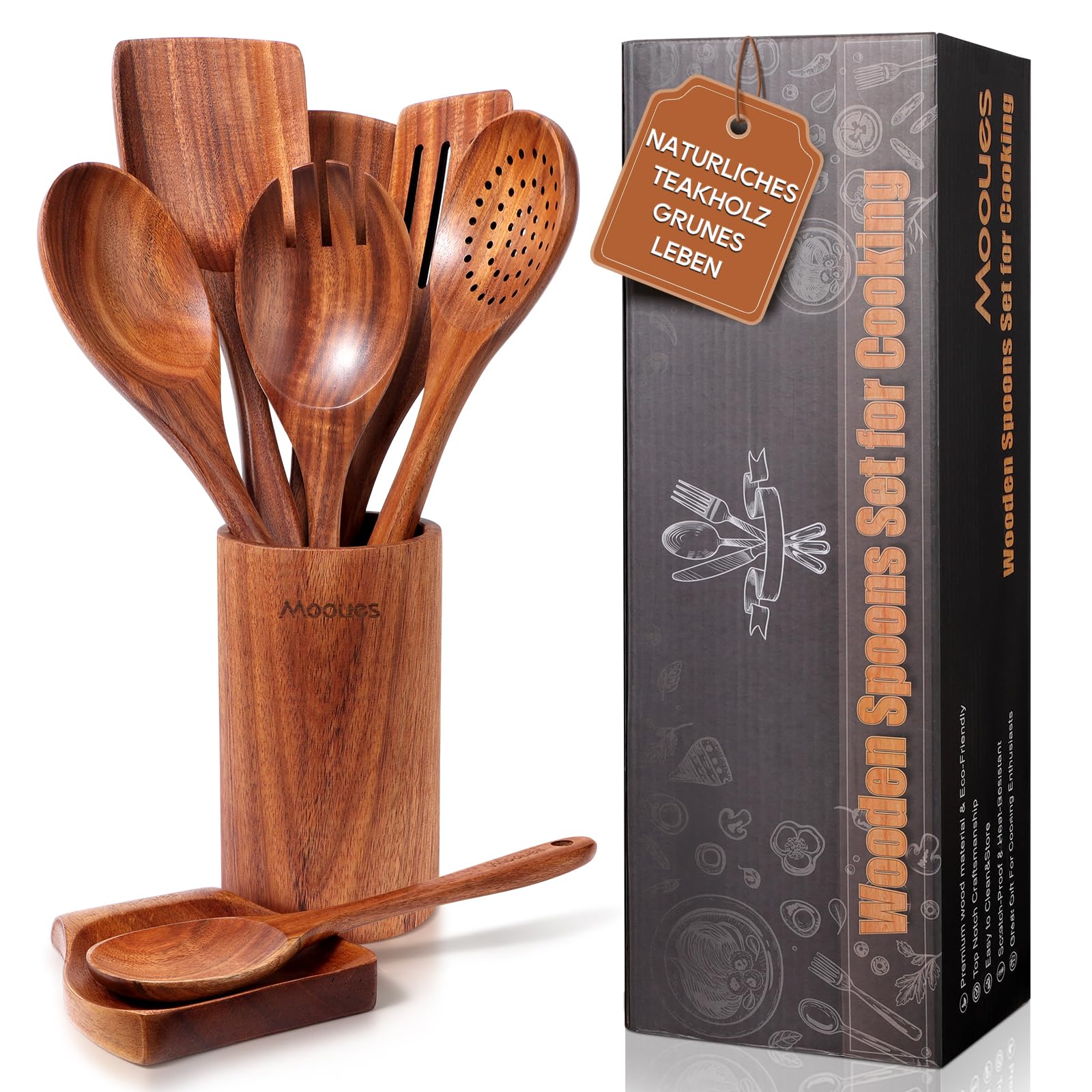 Mooues Kochlöffel Holz Set aus natürliches Teakholz, 9 Stück Küchenhelfer Set mit Halter, Holzlöffel, Pfannenwender, Salatbesteck und weitere Küchenutensilien, Hochwertig und Nachhaltig