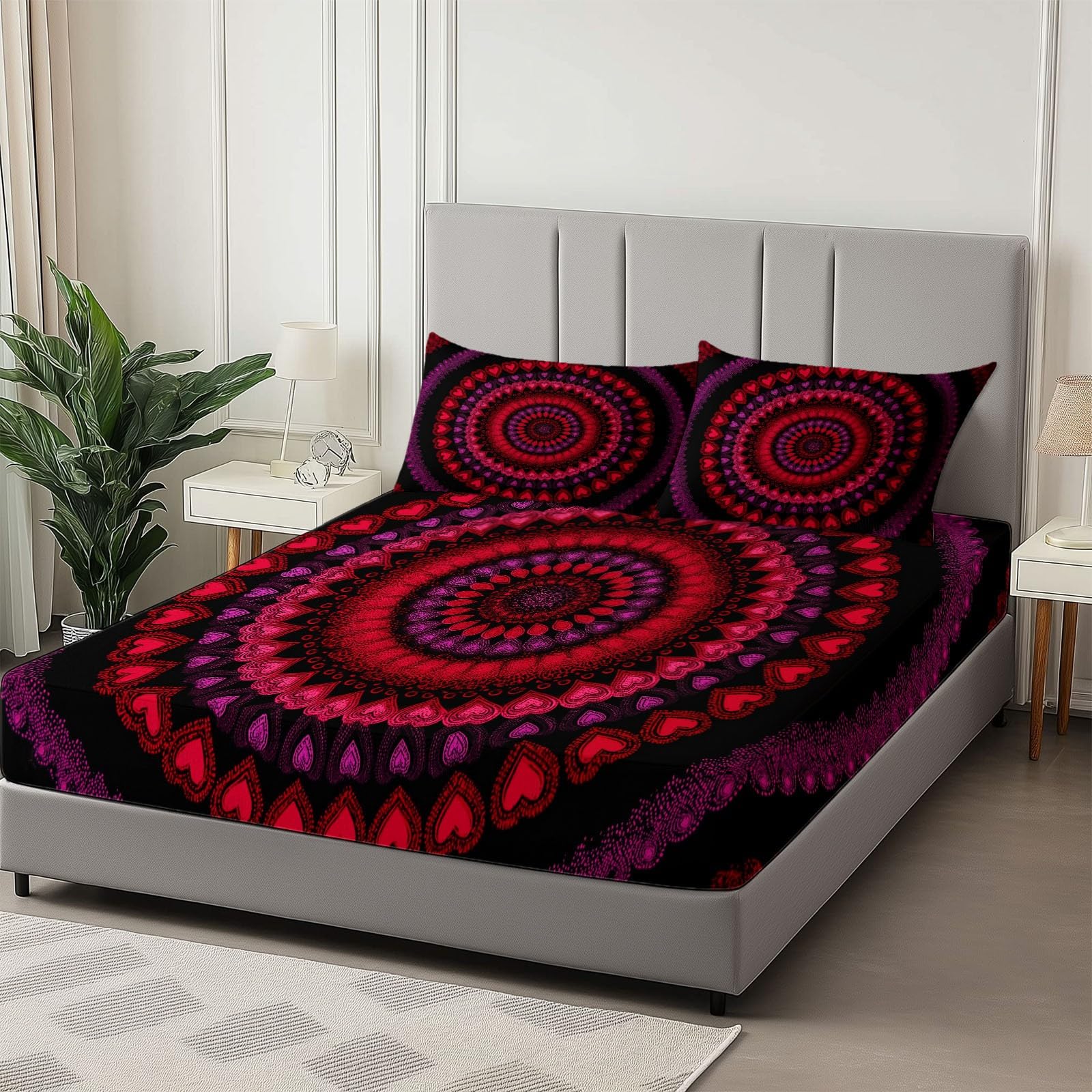 Czerwone prześcieradło z gumką 135 x 190 cm wzór w kształcie serca w stylu mandala, wyjątkowo miękkie i oddychające prześcieradło z mikrofibry z elastyczną taśmą na materac o wysokości 30 cm