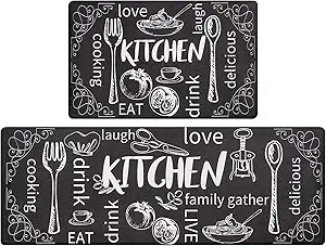 HEBE Anti Fatigue Kitchen Mat Set of 2 Non Slip Thick Cushioned Kitchen Rug Sets with Runner 17"x48"+17"x28" Heavy Duty Comfort Standing Mats Waterproof Kitchen Carpet