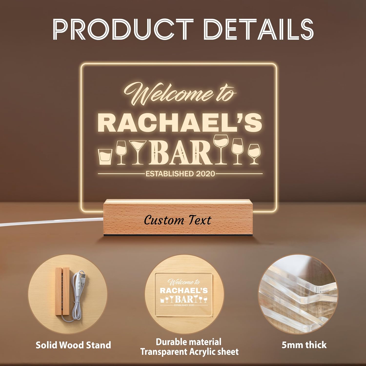 Custom Bar Sign, Gifts for Home Bar, Personalized LED Acrylic Plaque Night Light, Customized Light Up LED Sign for Bar Coffee Shop Room Decor