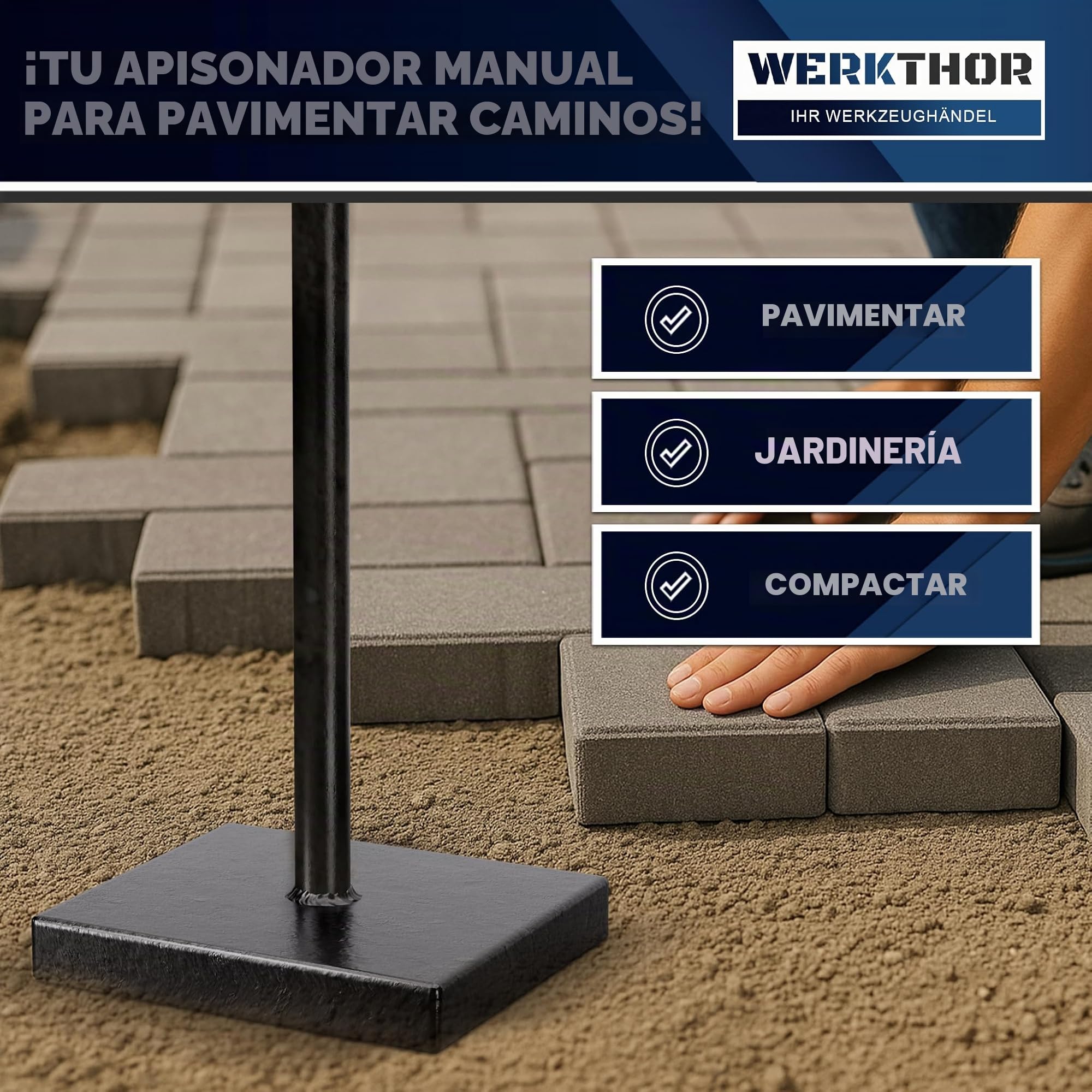 WERKTHOR Compactadora de Tierra manual de 11,5 kg de acero – Compactador de suelo con placa de 20 x 20 cm y mango T de 83 cm – Herramienta para compactar tierra, asfalto y grava