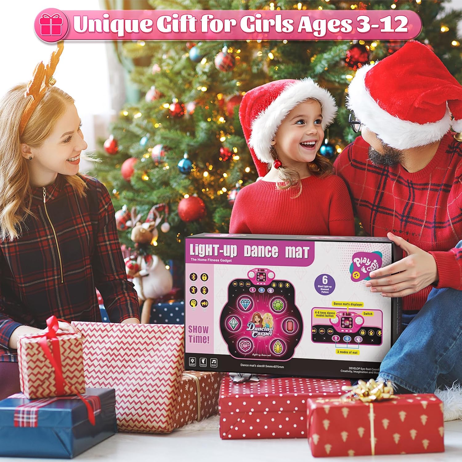 WAYKEE Dance Mat Toys for 3-12 Year Old Girls, Dance Mats for Kids with Wireless Bluetooth, Light-up 6-Button & 5 Game Modes Kids Dance Mat, Birthday Toys Gifts for 3 4 5 6 7 8 9 10+ Year Old Girls