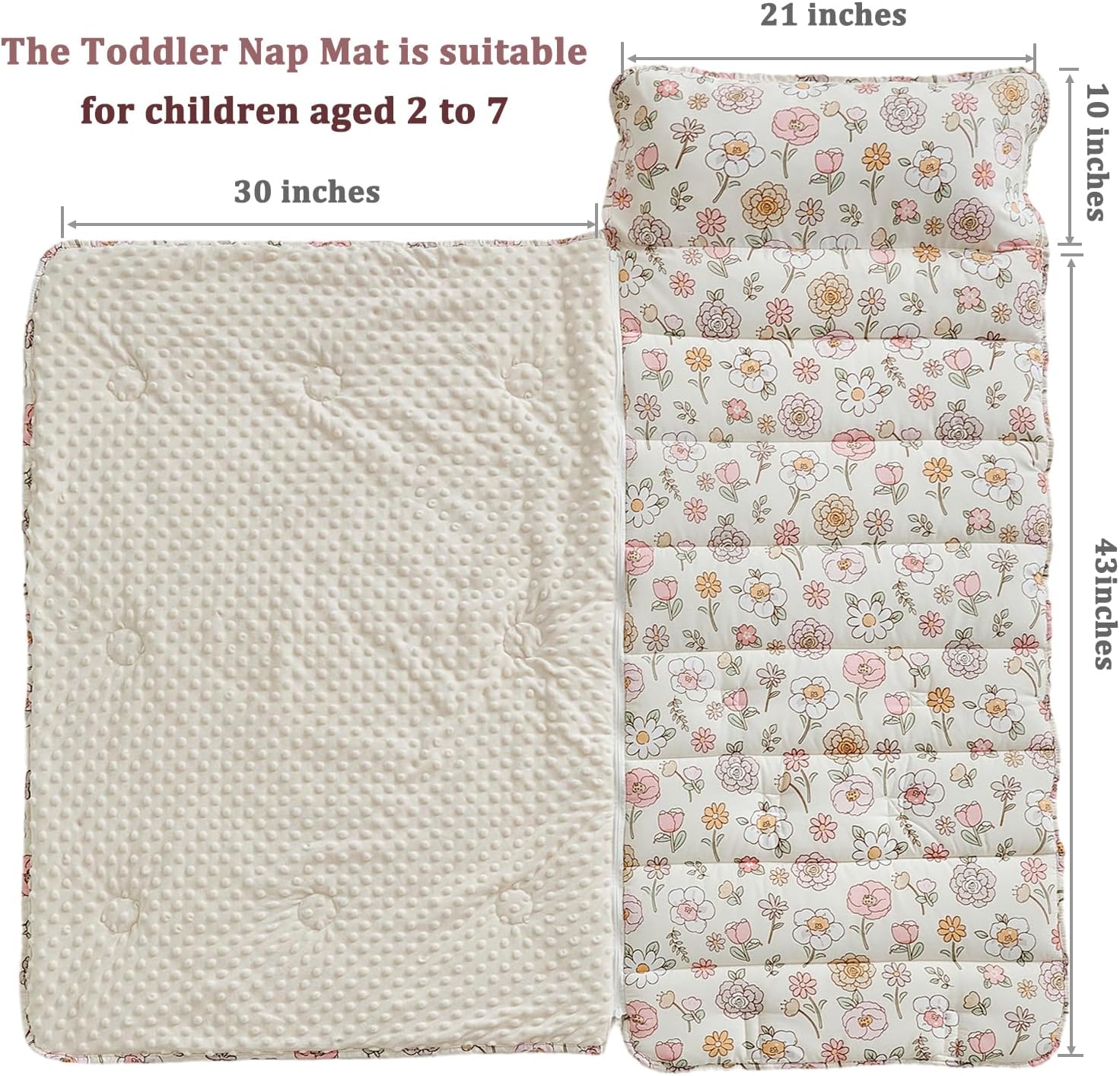 Floral Toddler Nap Mat with Zipper,Detachable Minky Blanket and Removable Pillow,Soft Slumber Bags for Girls,Kids Sleeping Bag for Daycare Preschool Kindergarten,Flower Toddler Sleeping Mat - Pink